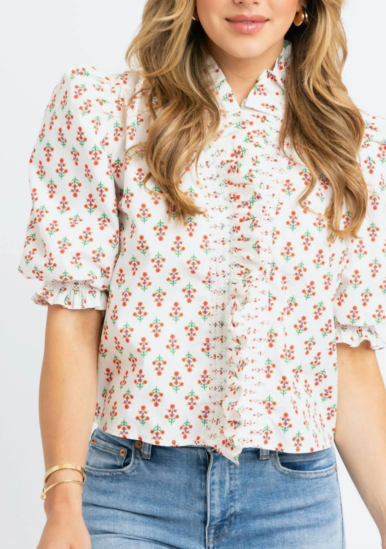 Sweet Bloom Digital Floral Ruffle Puff Sleeve Top In Red - Image 3