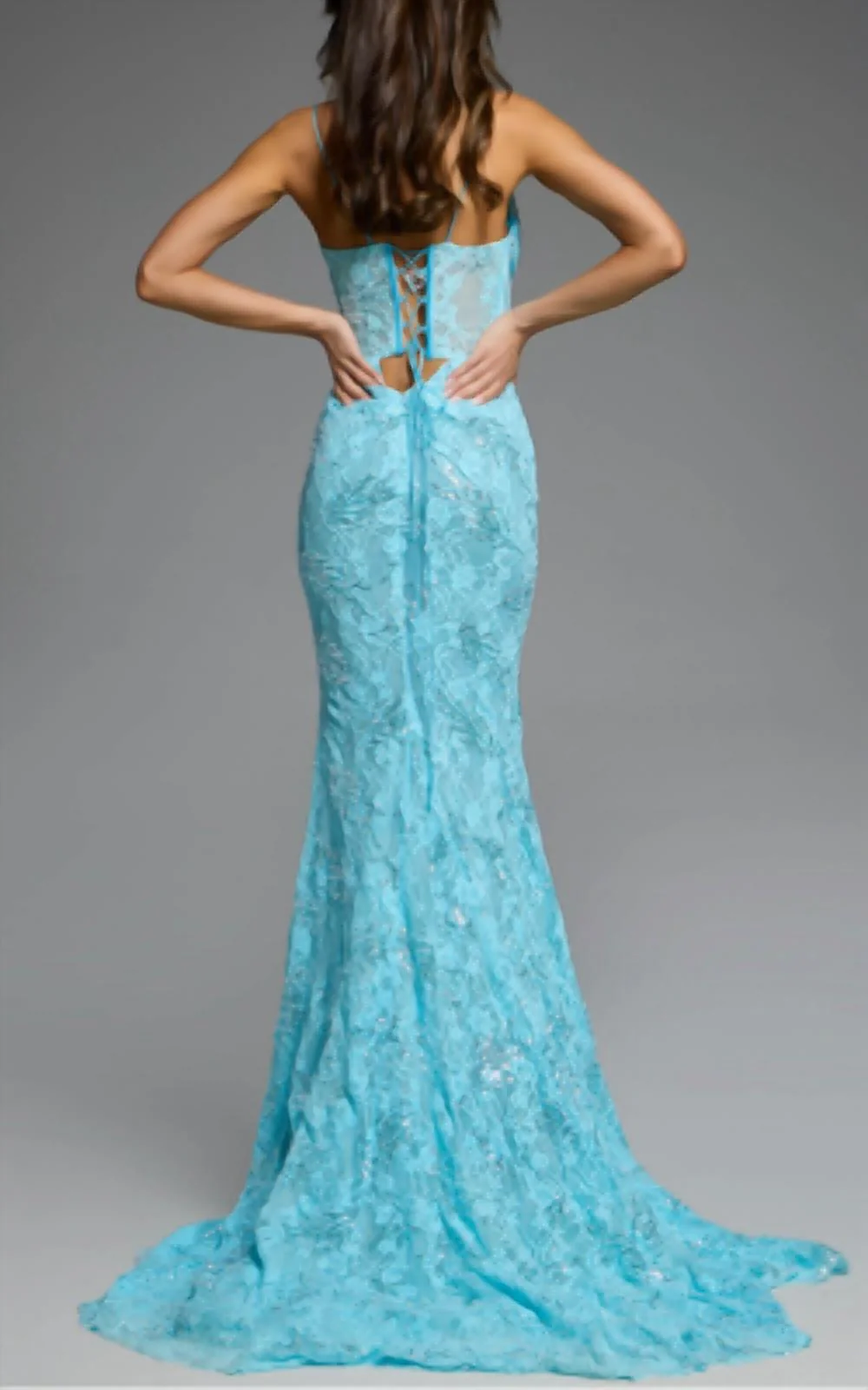 Sweetheart Lace Gown With Corset Bodice And Lace-Up Back In Blue - Image 2