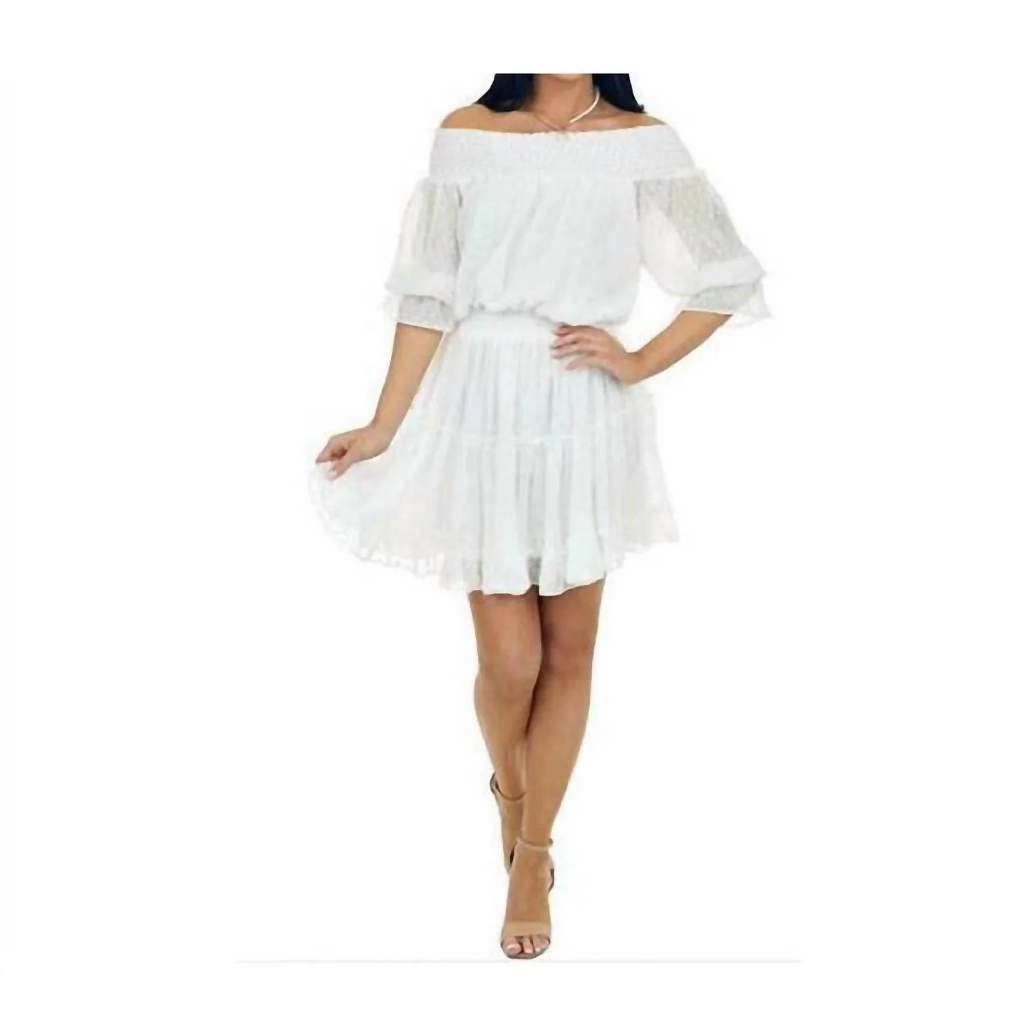Swiss Dot Off Shoulder Dress In White - Image 4