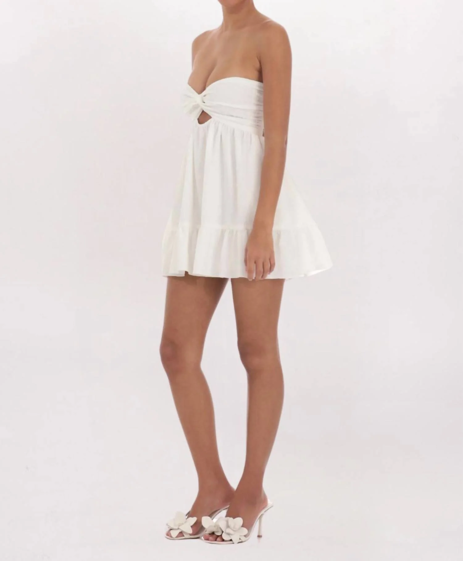 Swiss Dot Twist Front Mini Dress In White - Image 2