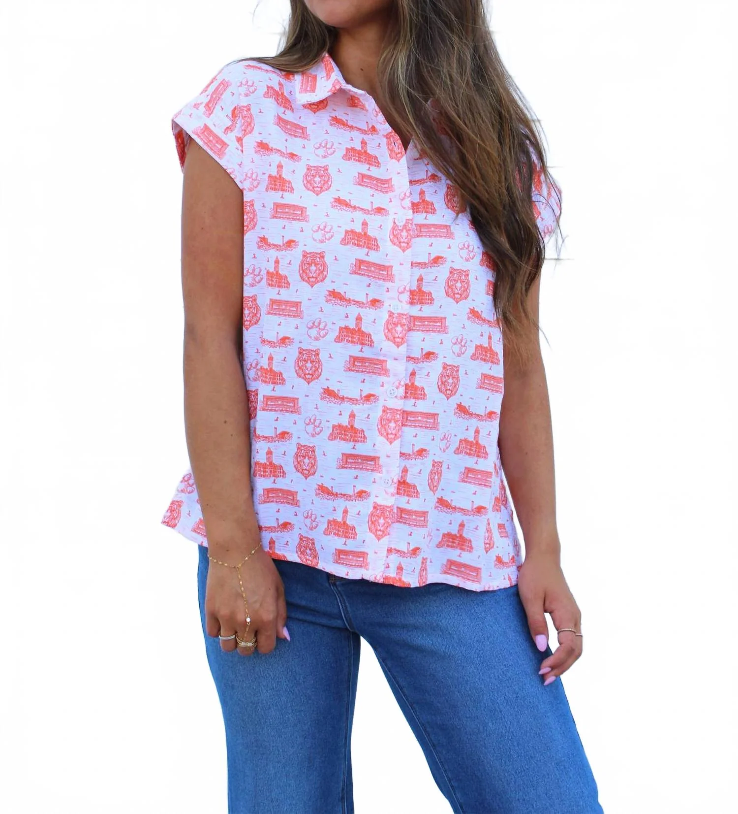 Team Toile Short Sleeve Button Up Top In White/orange - Image 2