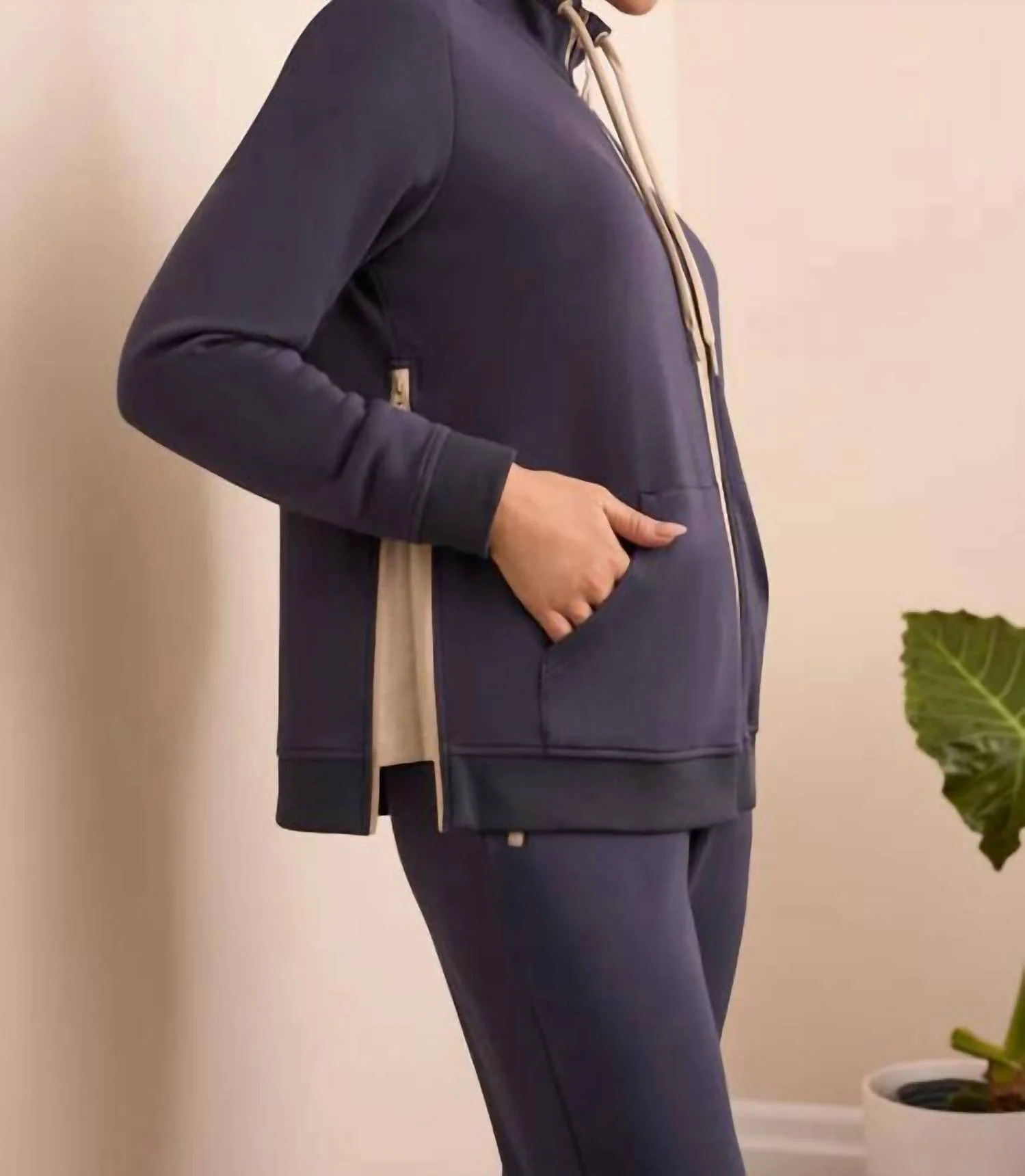 Techno Lux Textured Mock Neck Zip Cardigan In Sapphire - Image 2