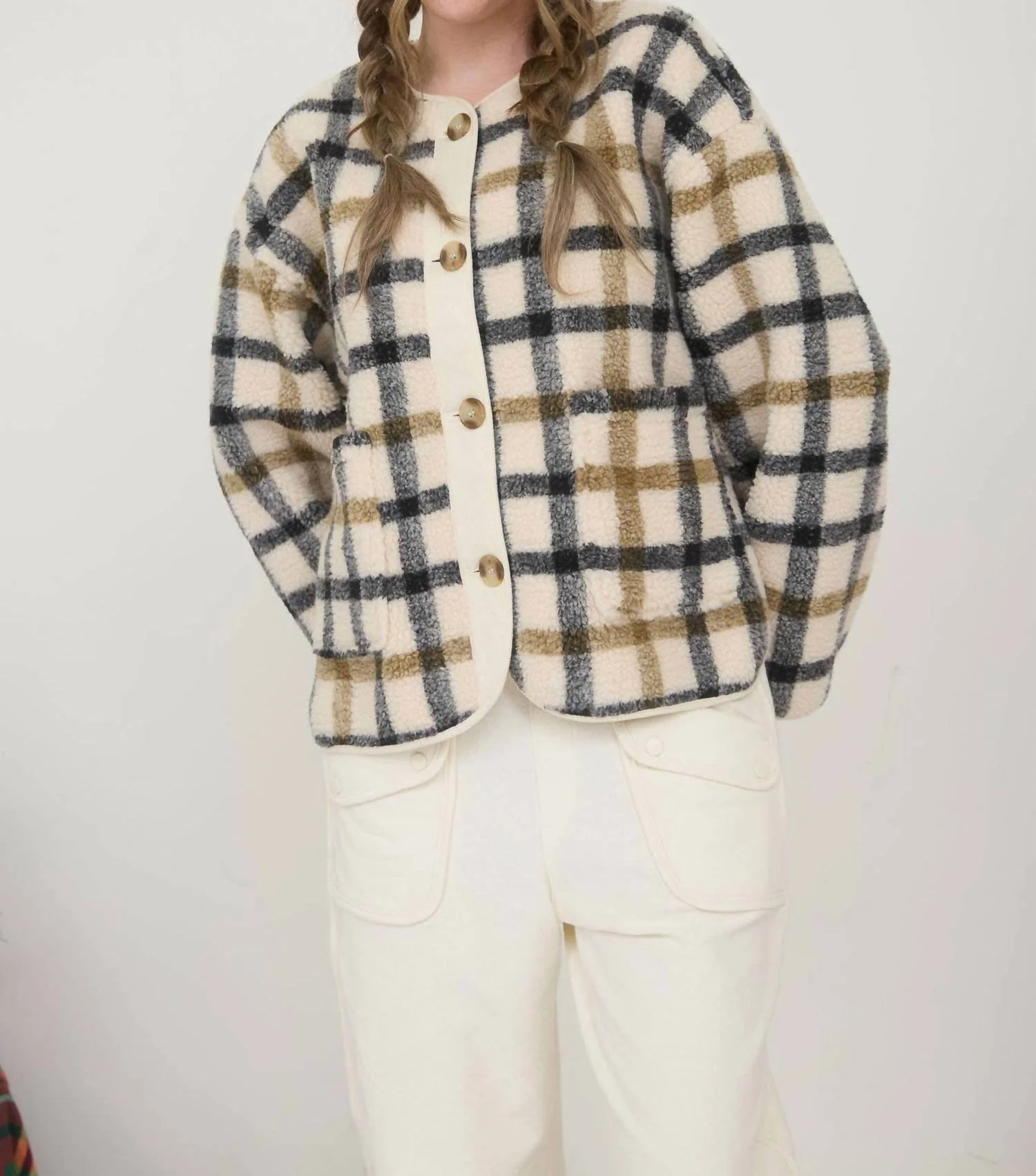 Teddy Sherpa Jacket In Cream Plaid