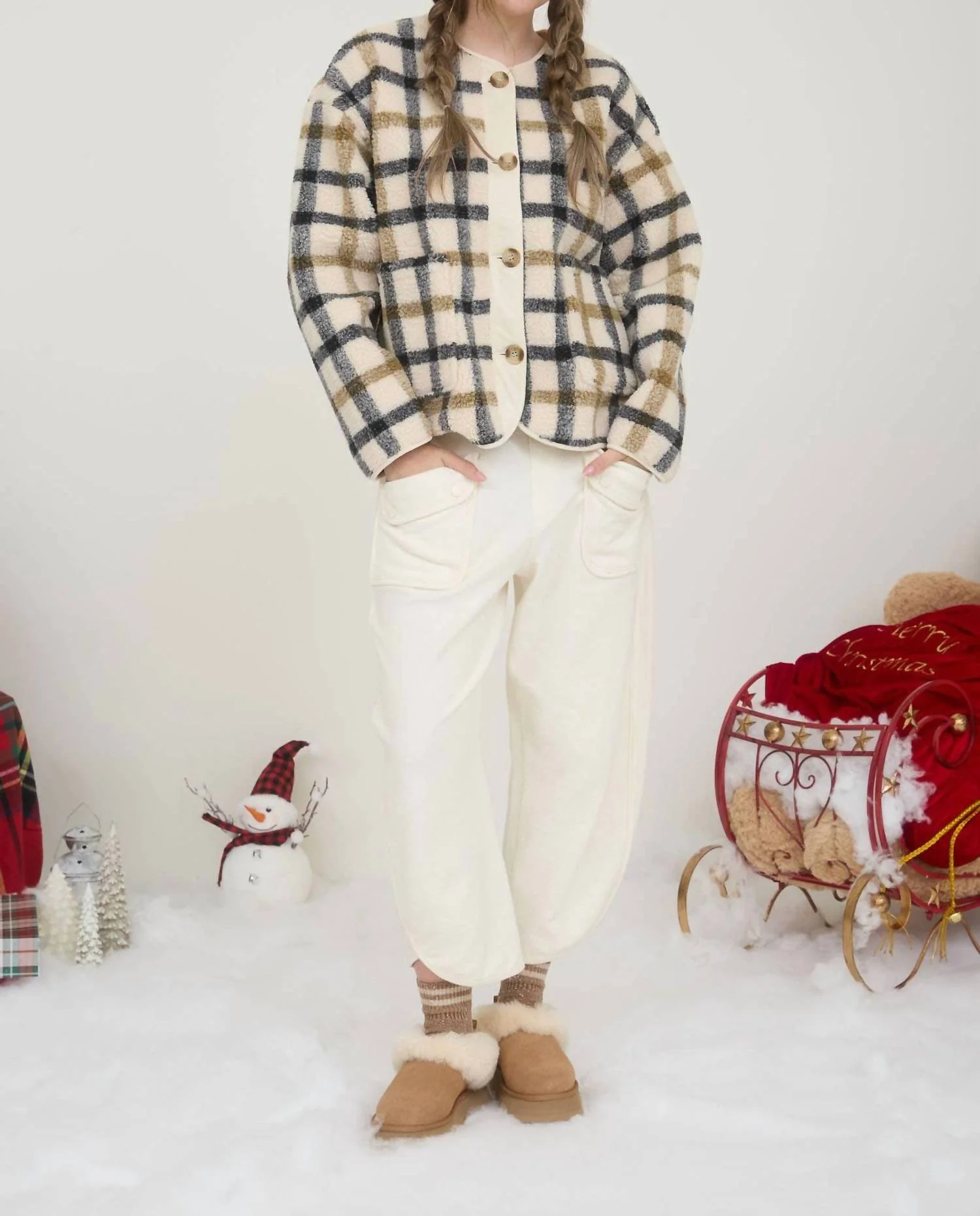 Teddy Sherpa Jacket In Cream Plaid - Image 5