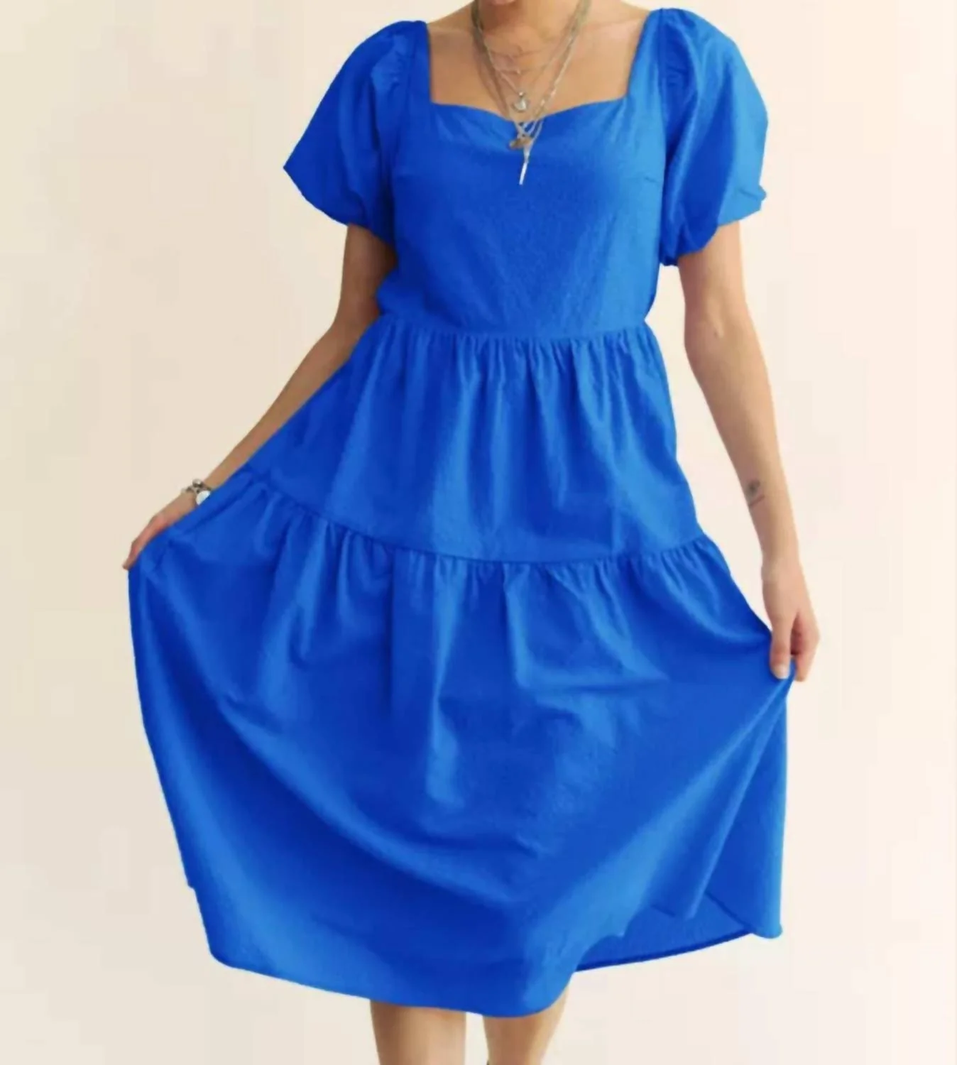 Textured Puff Sleeve Midi Dress In Blue - Image 3
