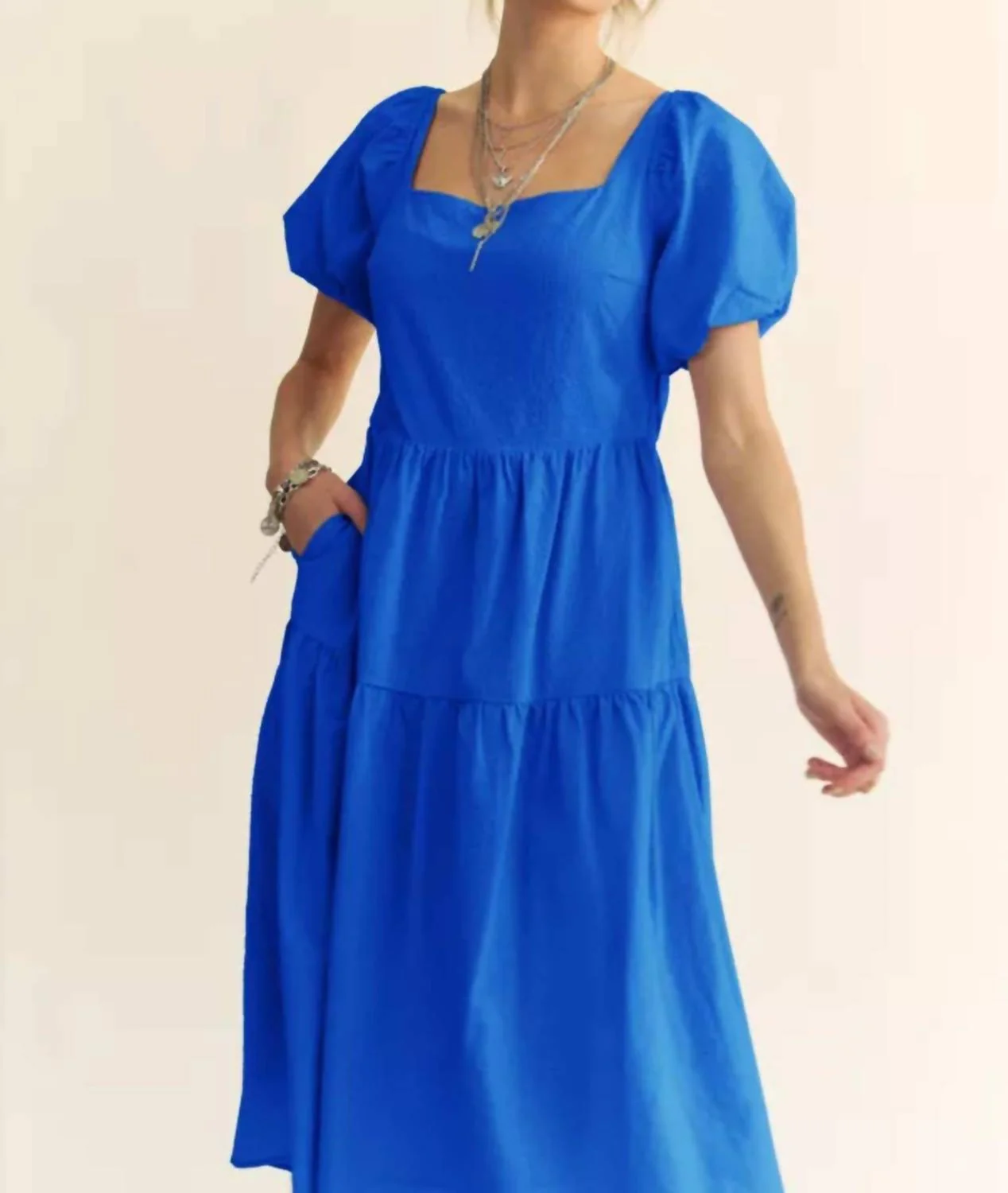 Textured Puff Sleeve Midi Dress In Blue - Image 5