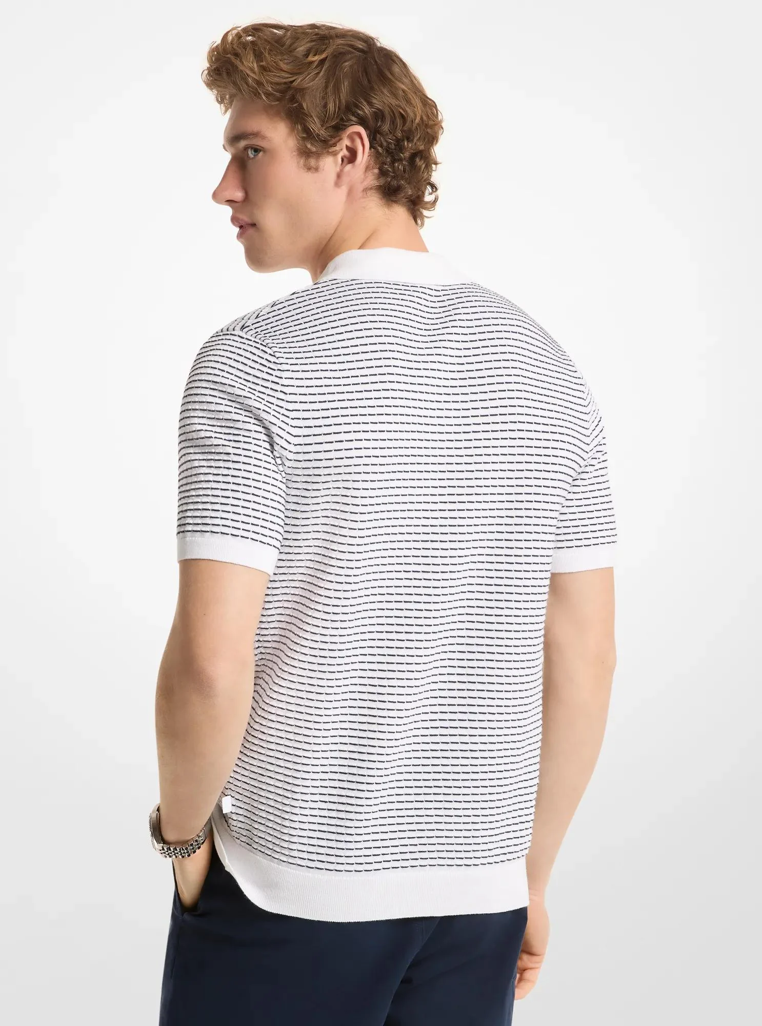 Textured Striped Cotton Polo Shirt - Image 3