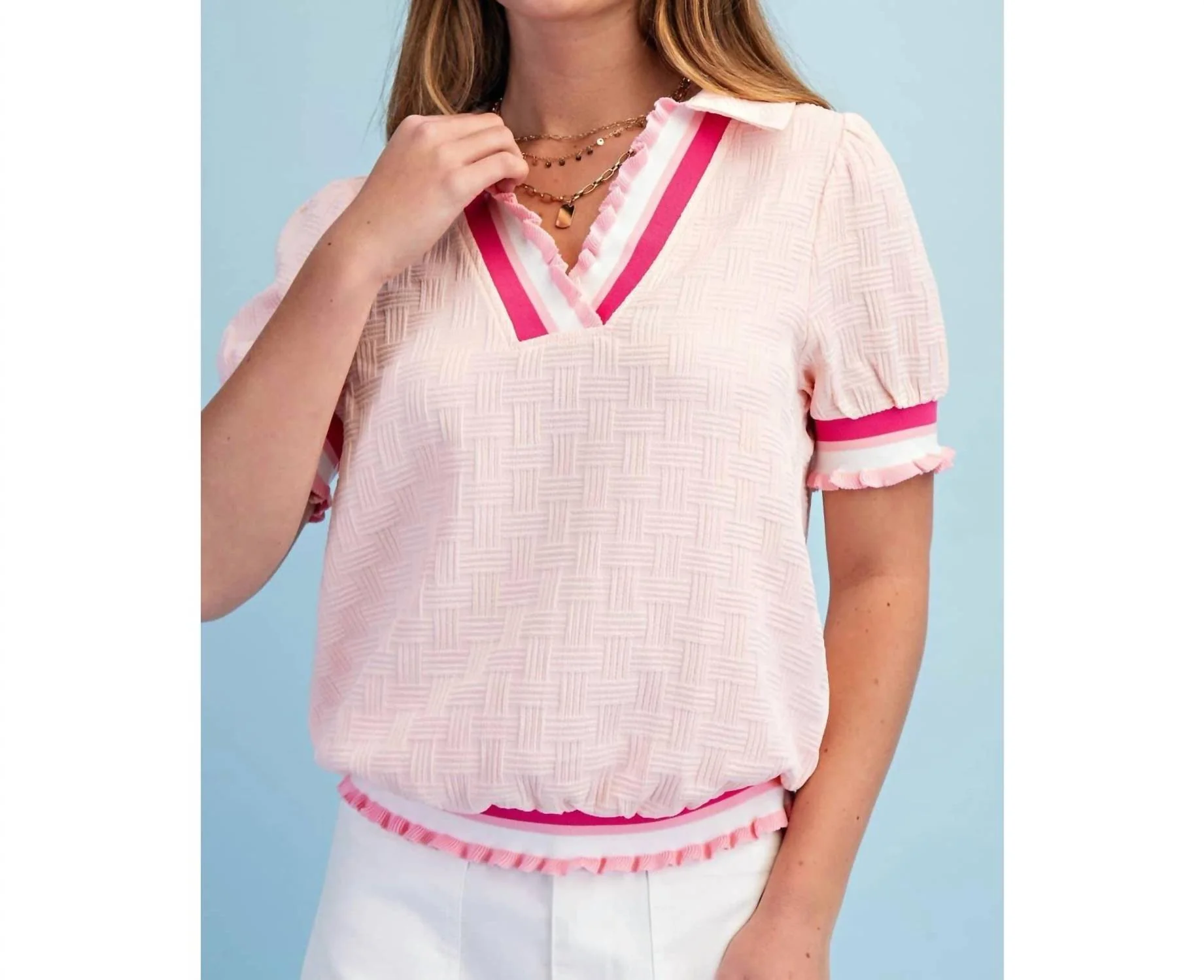 Textured V-Neck Short-Sleeve Top In Light Blush