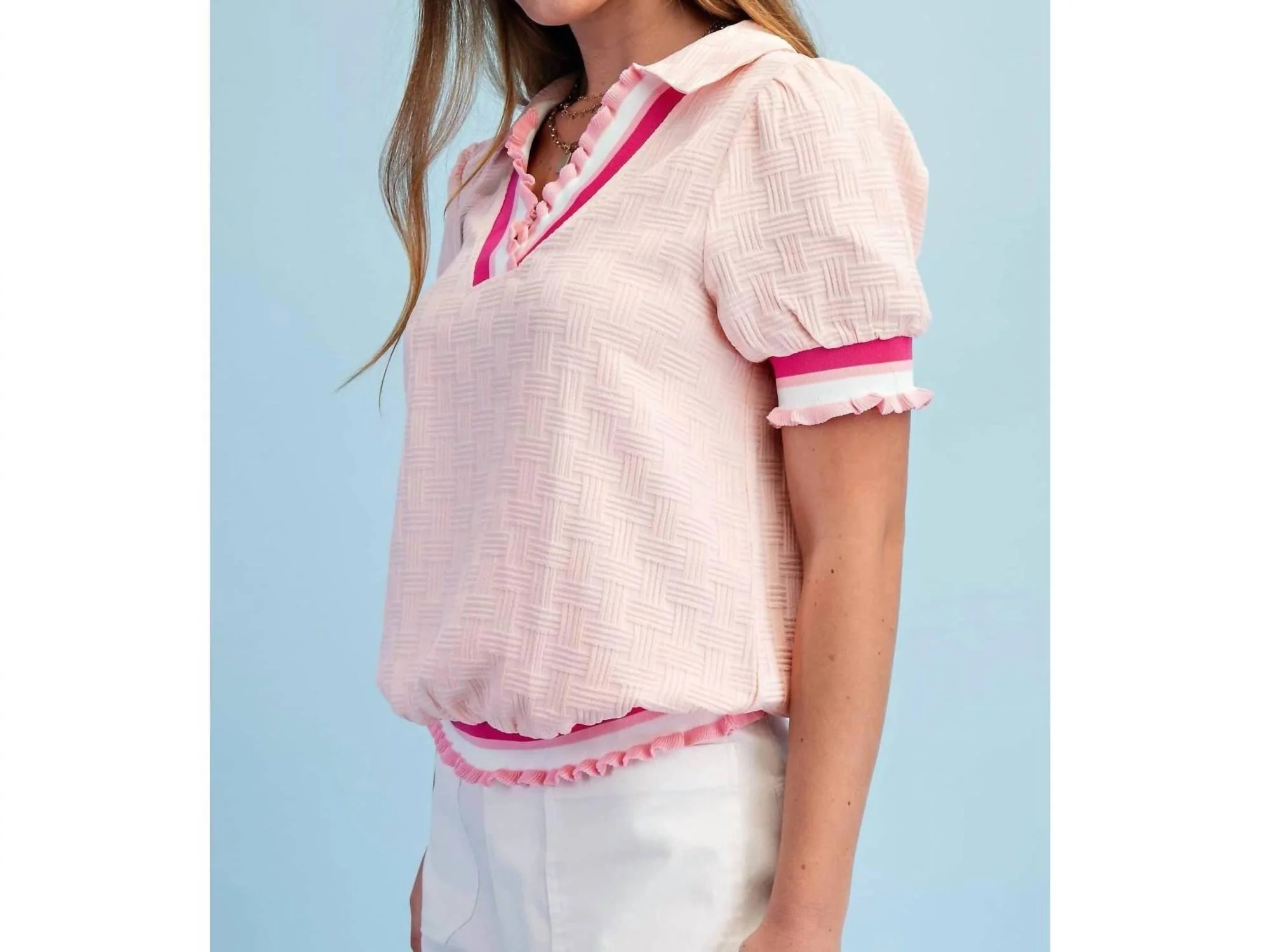 Textured V-Neck Short-Sleeve Top In Light Blush - Image 3