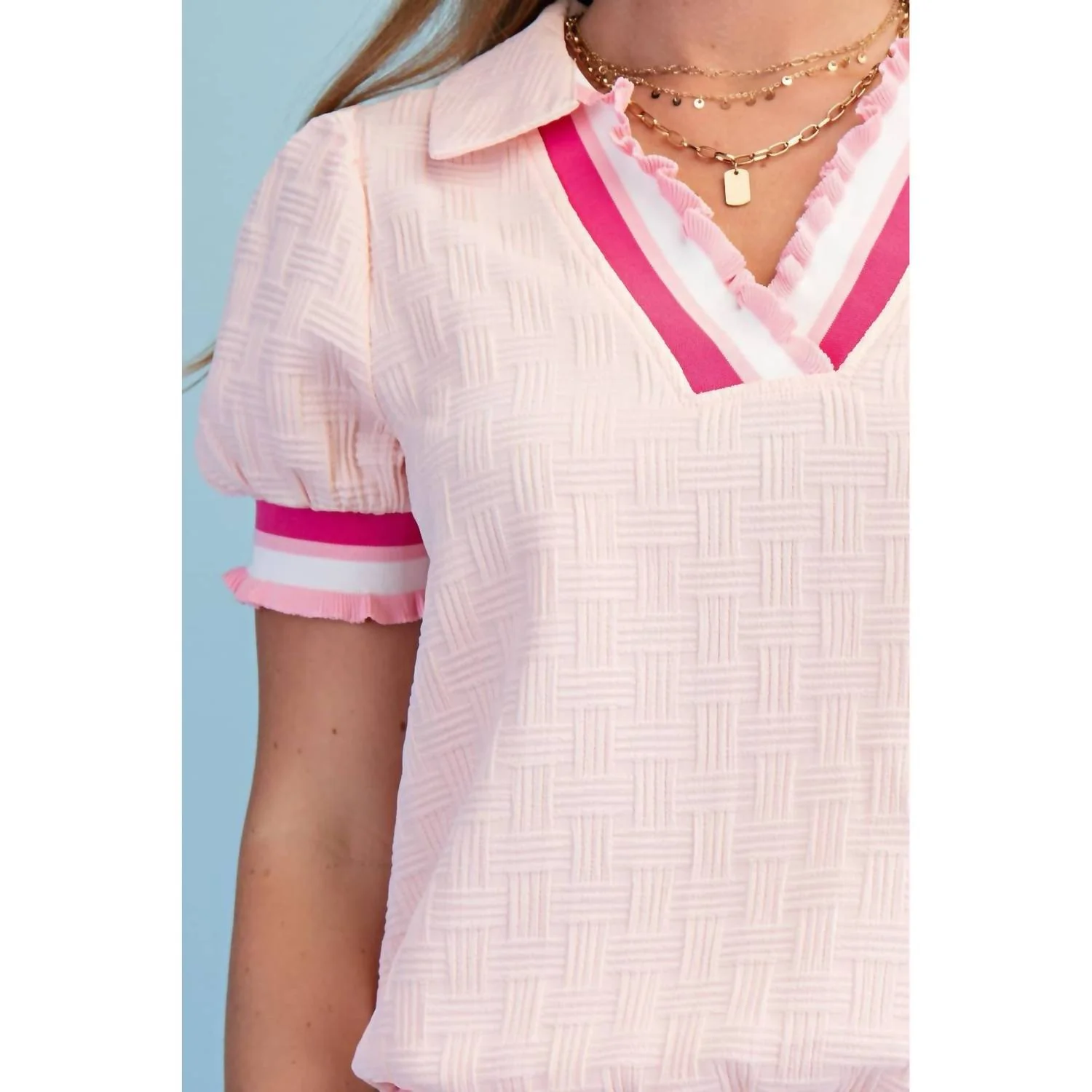 Textured V-Neck Short-Sleeve Top In Light Blush - Image 5