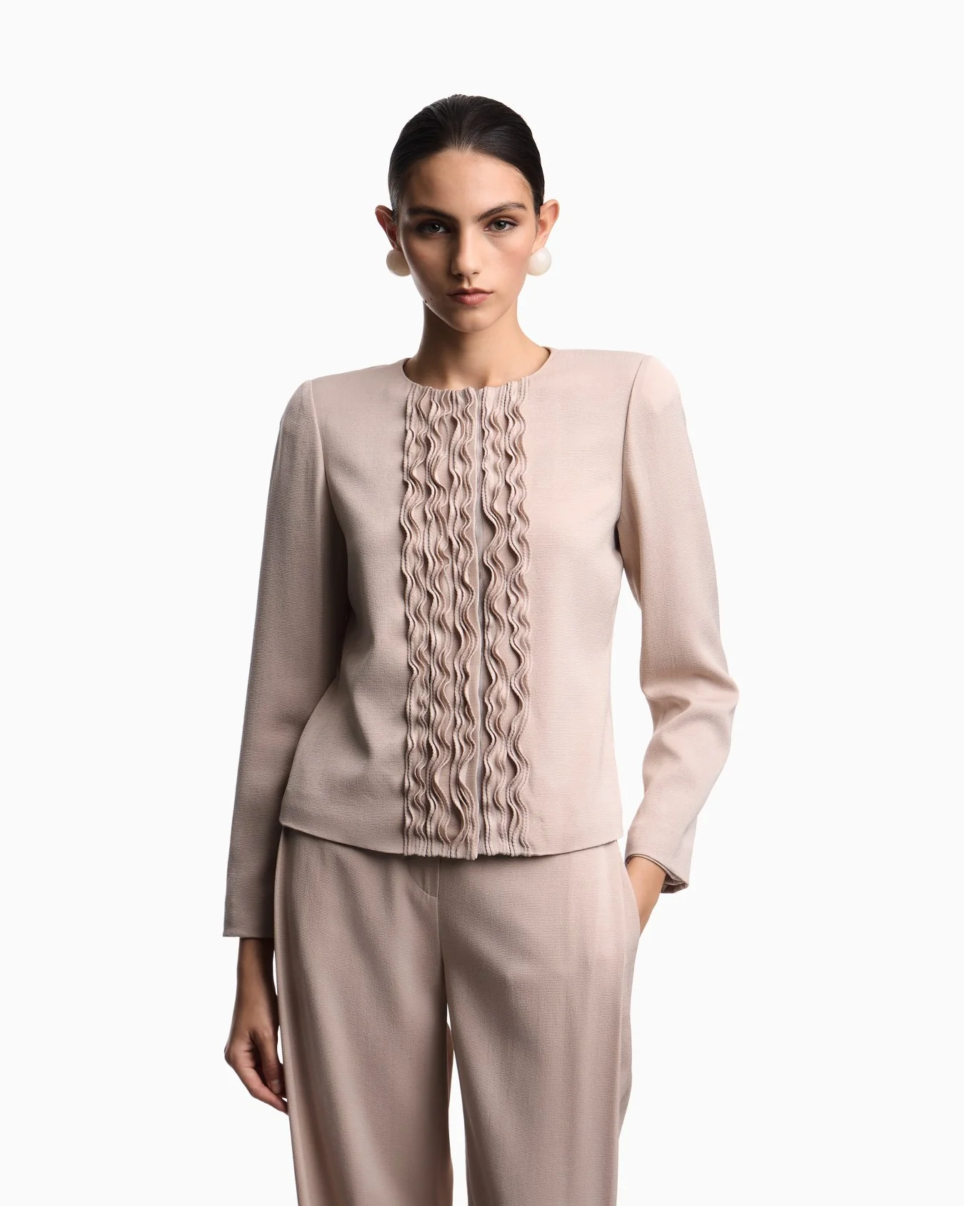 Textured Weave Fabric Ruffled Fitted Jacket - Image 2