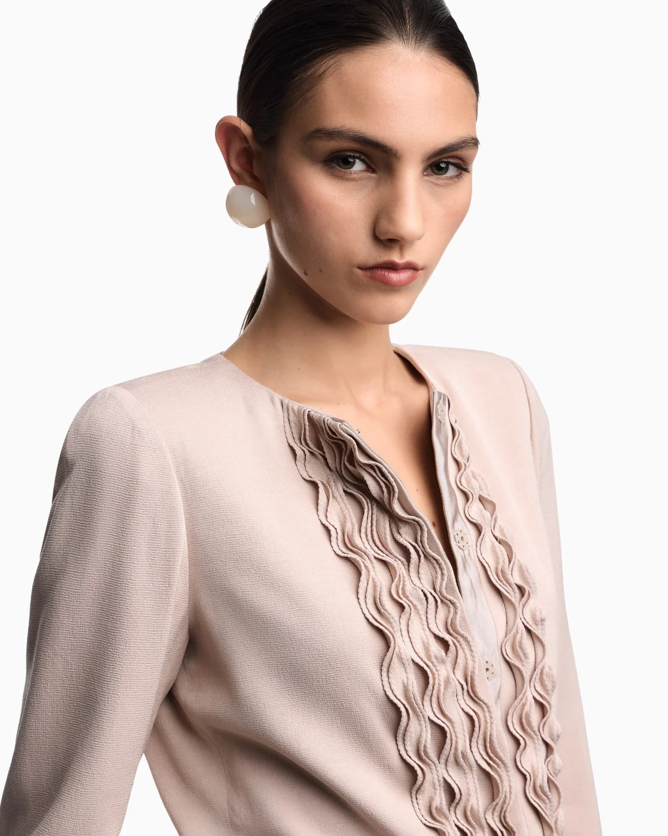 Textured Weave Fabric Ruffled Fitted Jacket - Image 3