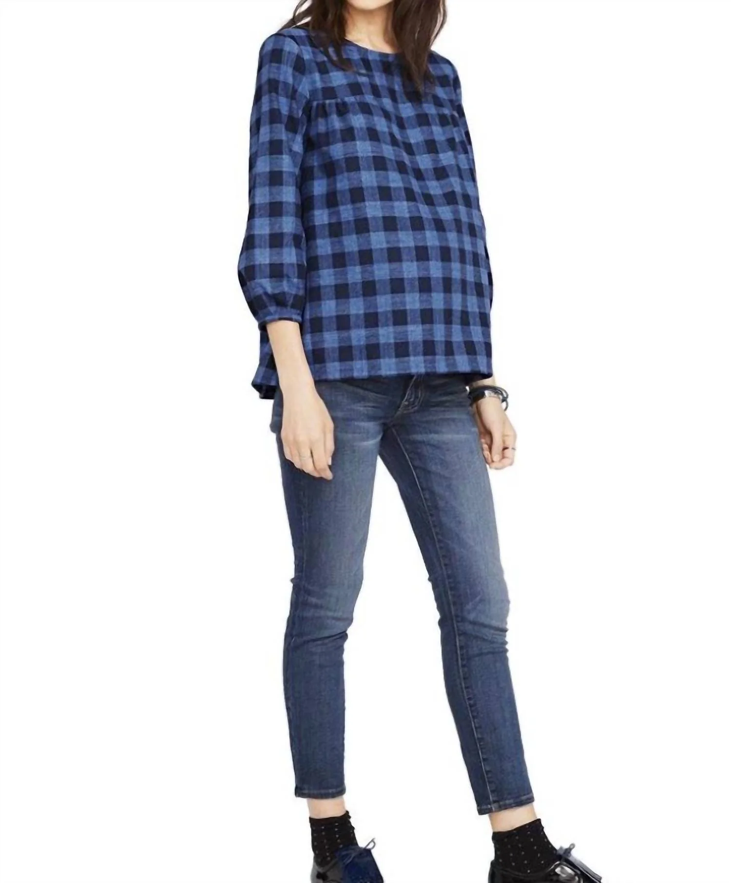The Delfina Maternity Plaid Top In Blue