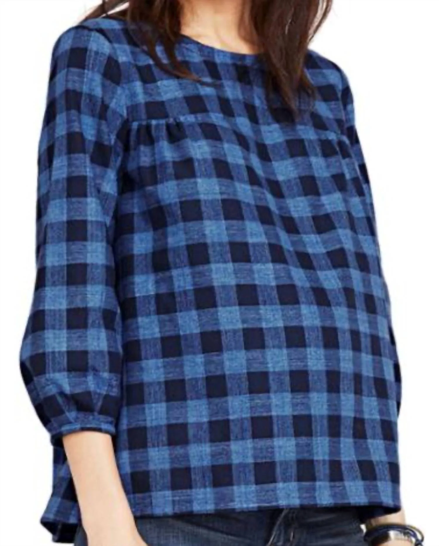 The Delfina Maternity Plaid Top In Blue - Image 2