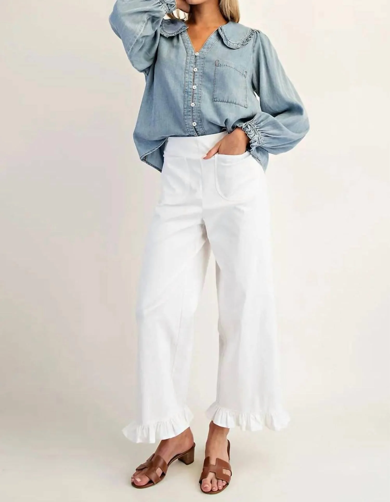 The Willow Straight Leg Ruffled Hem Pants In Off White - Image 2
