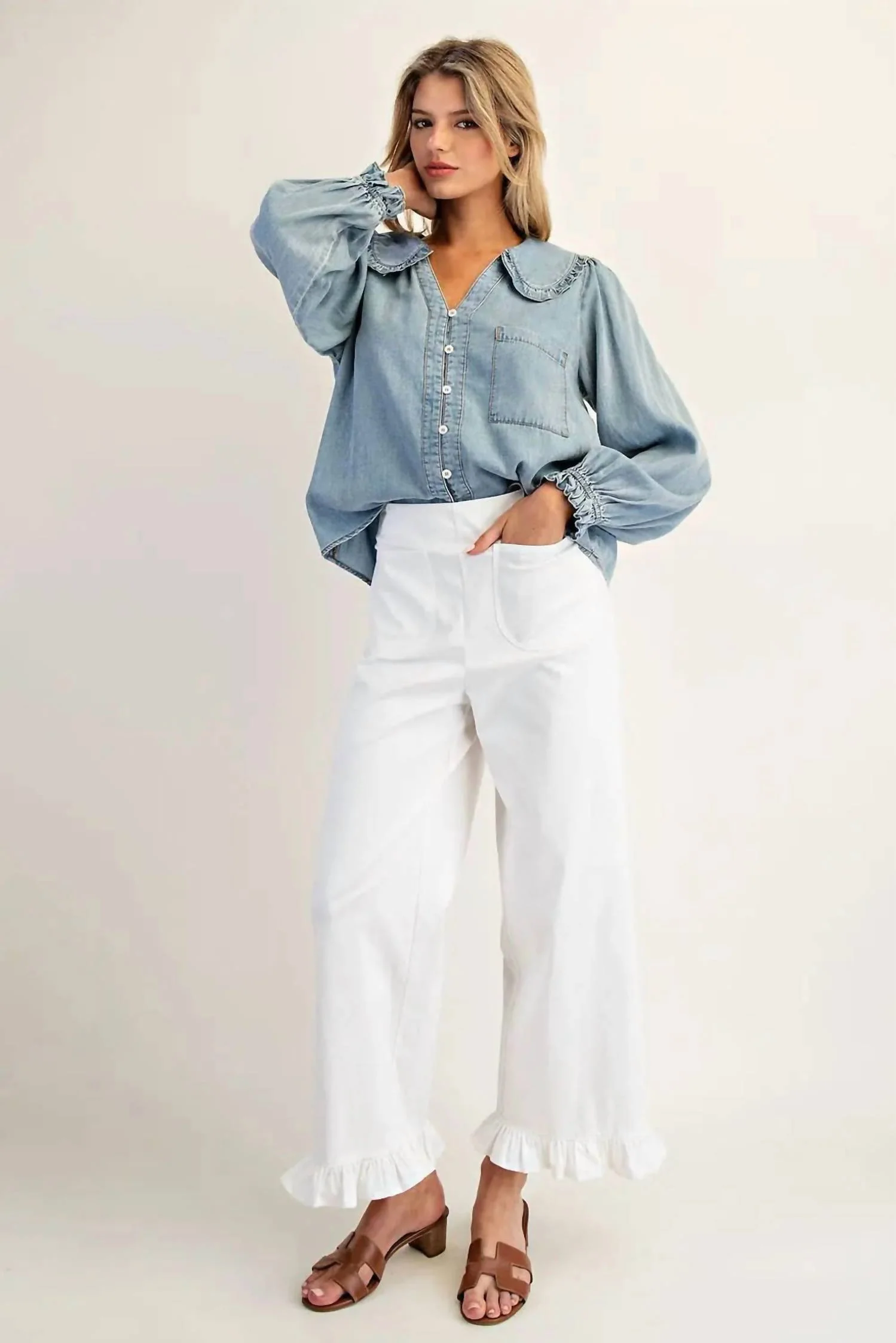 The Willow Straight Leg Ruffled Hem Pants In Off White - Image 3