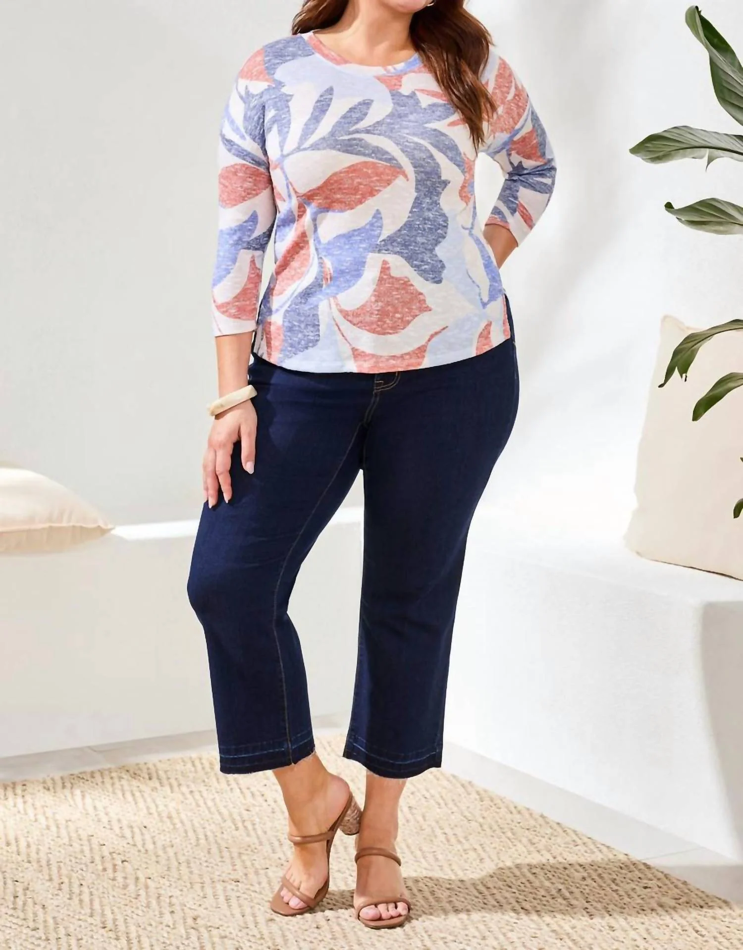 Three Quarter Sleeve Crew Neck Top In Sky