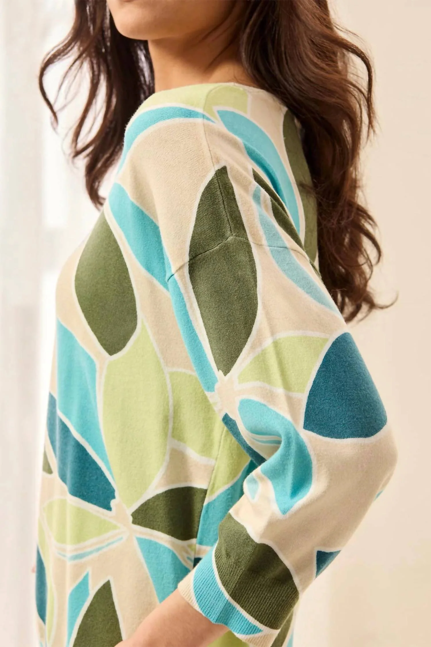 Three Quarter Sleeve Crewneck Sweater In Aqua Sky - Image 3