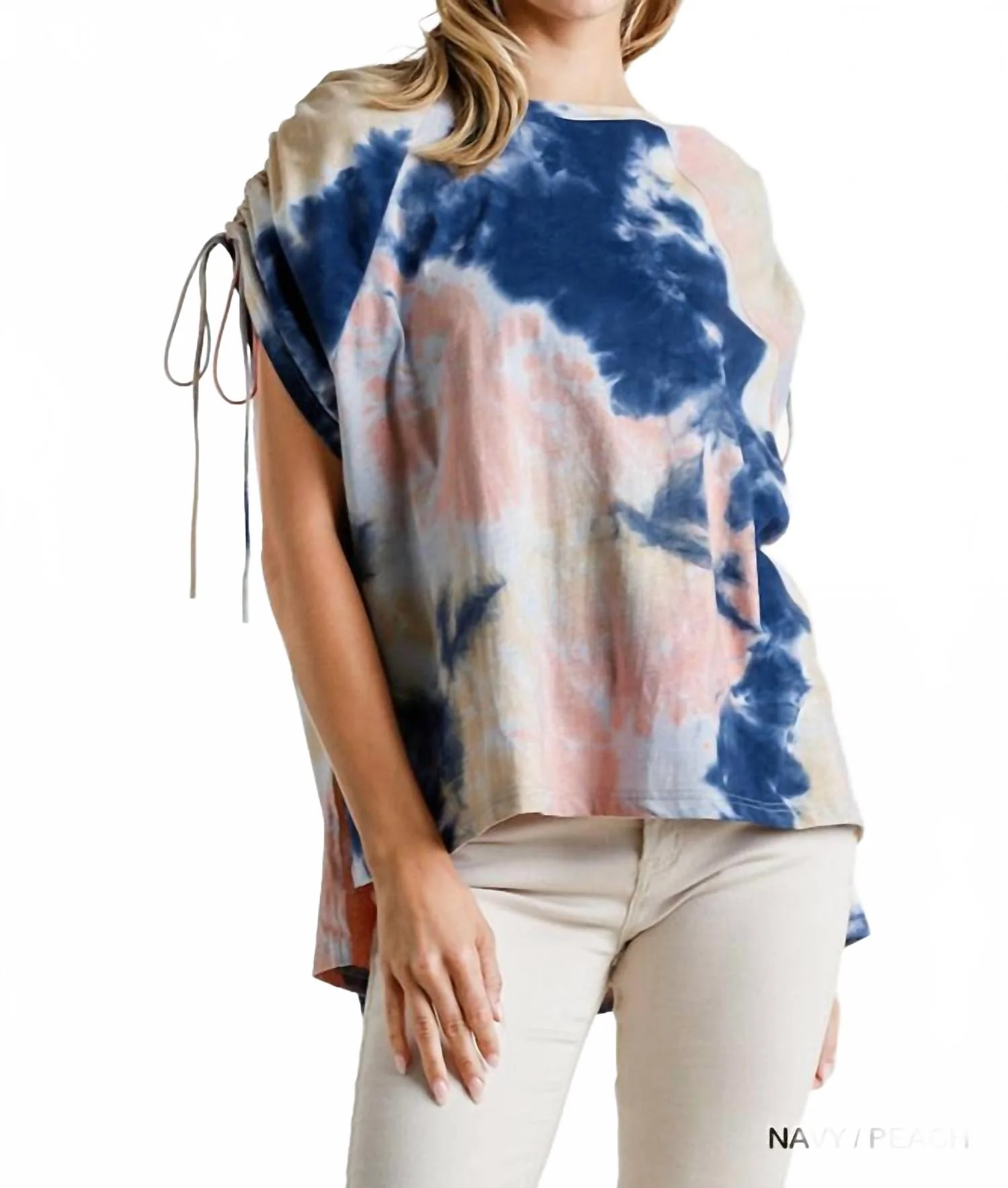 Tie Dye Cinched Sleeve Top In Navy /peach - Image 2