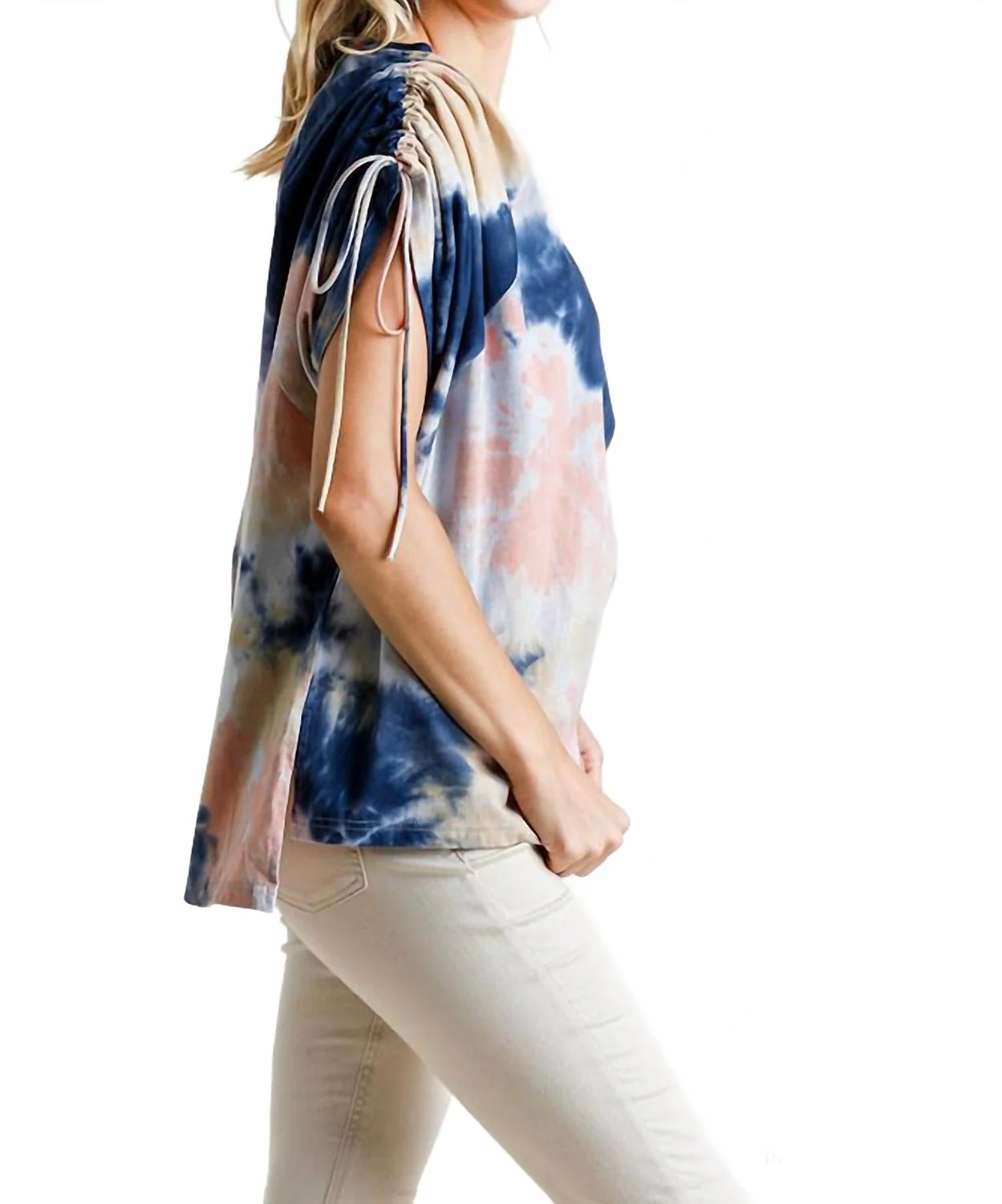 Tie Dye Cinched Sleeve Top In Navy /peach - Image 4