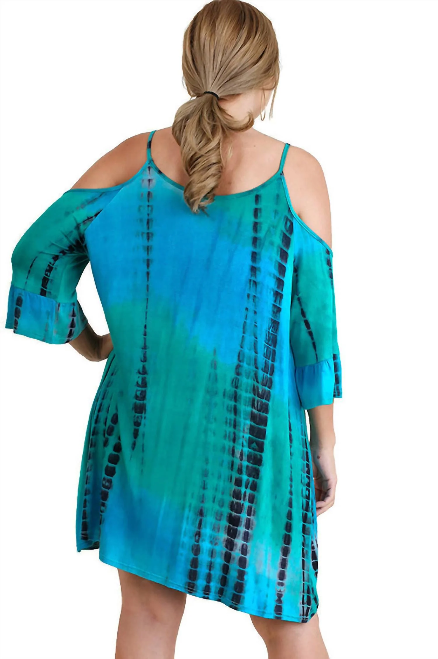 Tie Dye Cold Shoulder Short Dress - Plus In Emerald - Image 3