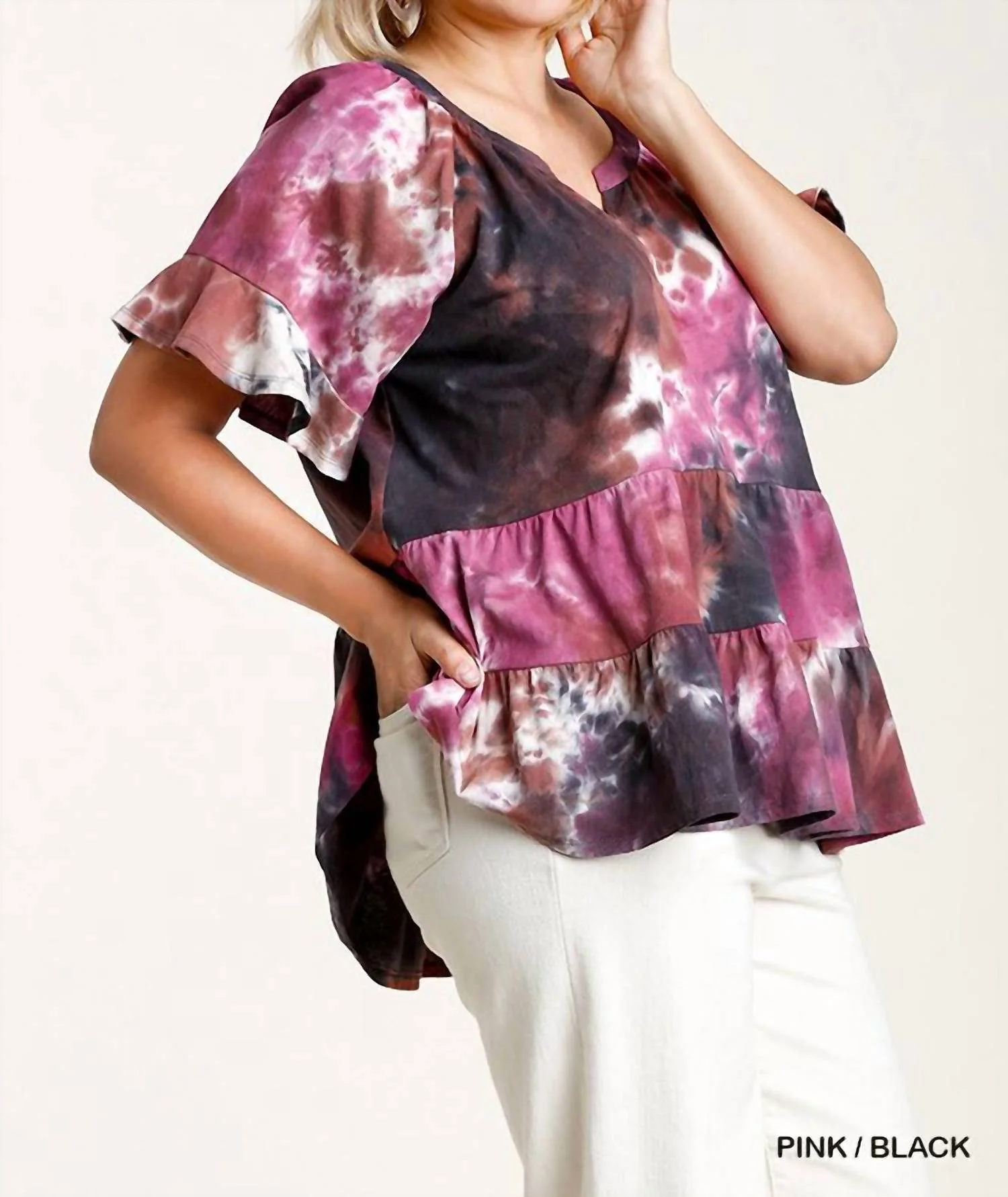 Tie Dye Mandarin Tiered Ruffle Top In Pink/black - Image 2
