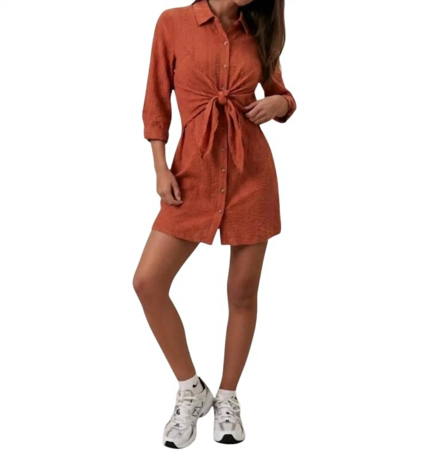 Tie-Front Button Down Shirt Dress In Rust