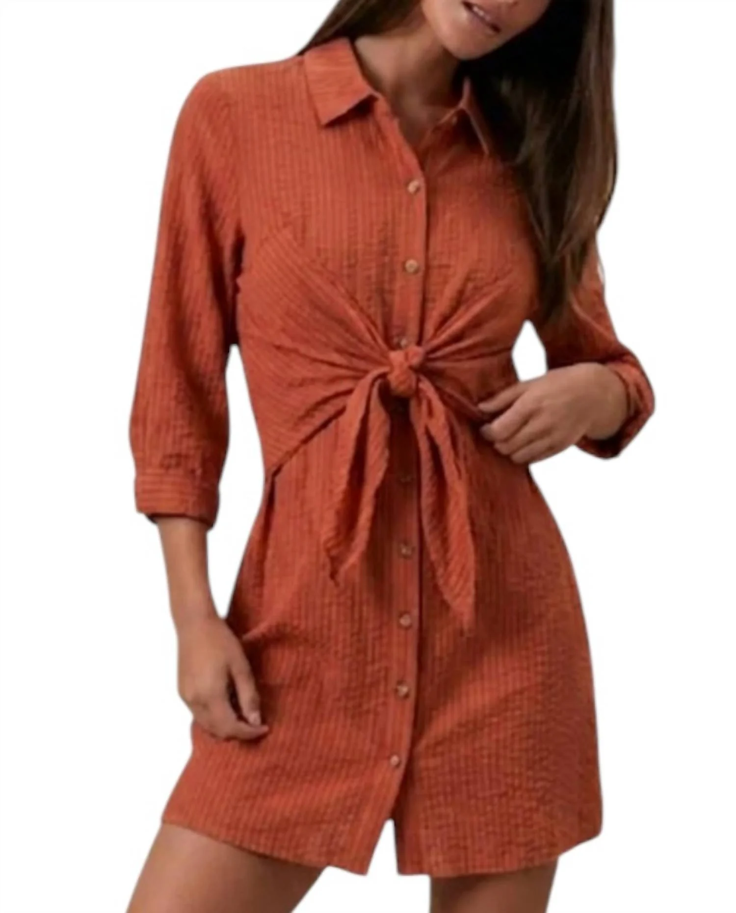 Tie-Front Button Down Shirt Dress In Rust - Image 2