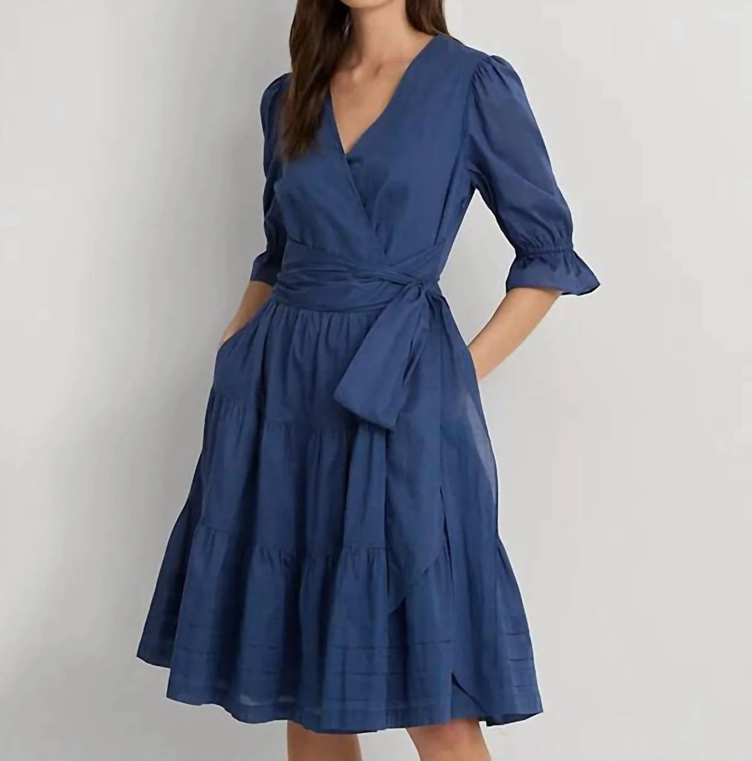 Tie Front Voile Surplice Dress In Blue