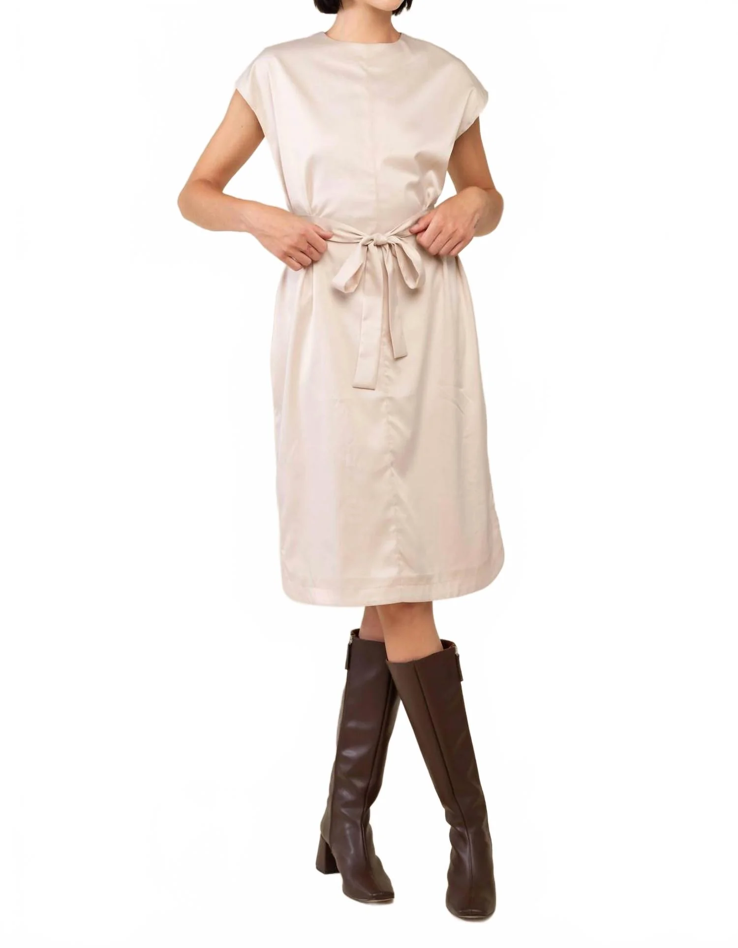 Tie Waist Midi Dress In Beige