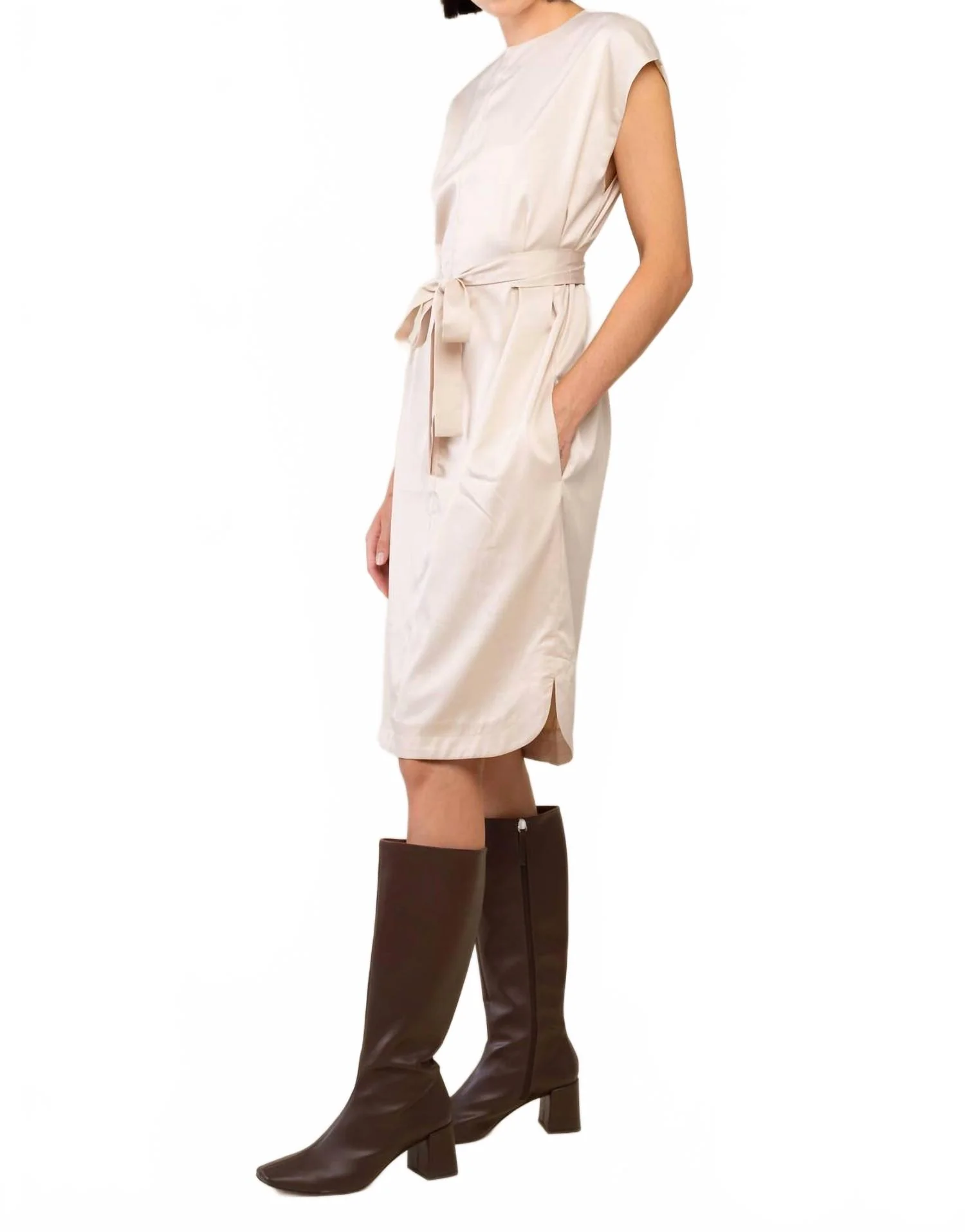 Tie Waist Midi Dress In Beige - Image 3