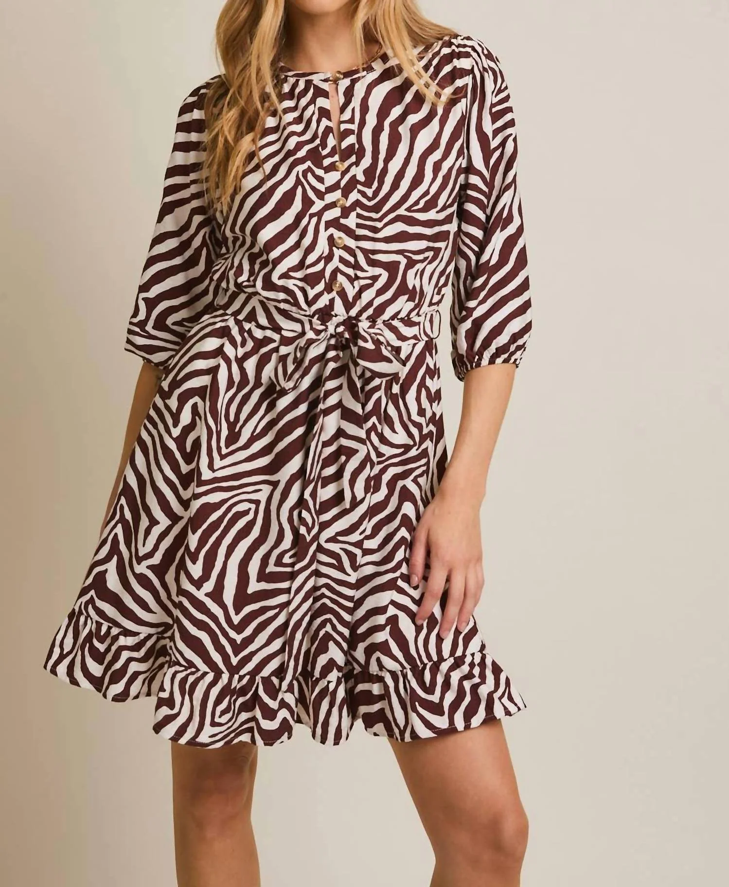Tie Waist Mini Dress In Ivory - Brown Zebra