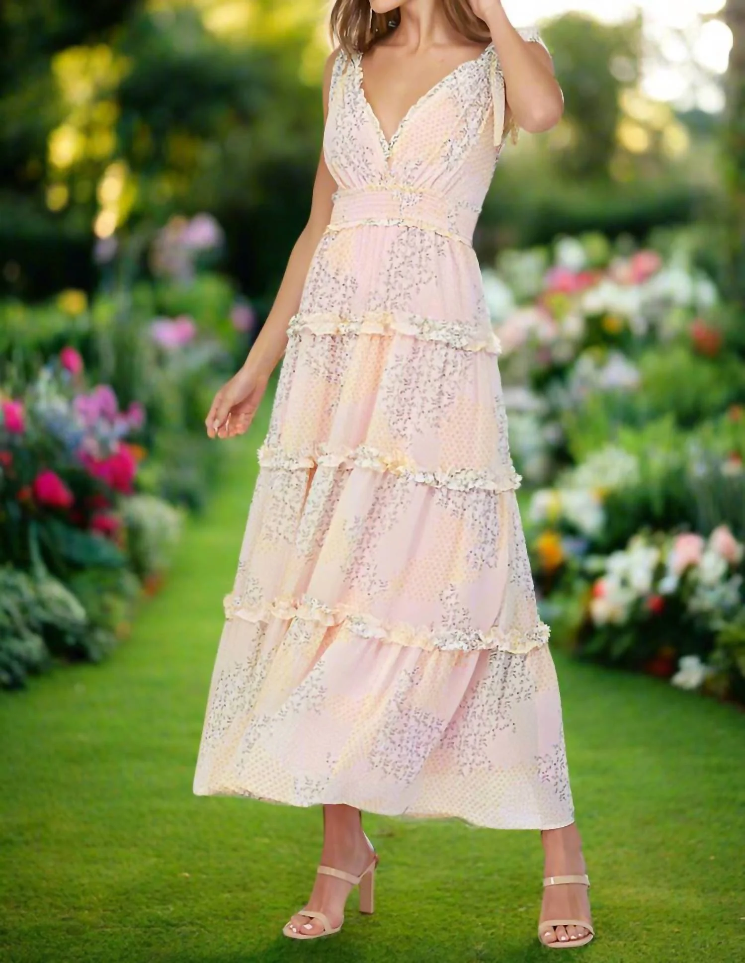 Tiered Maxi Dress With Tie Straps In Yellow Multi Floral Patchwork - Image 5