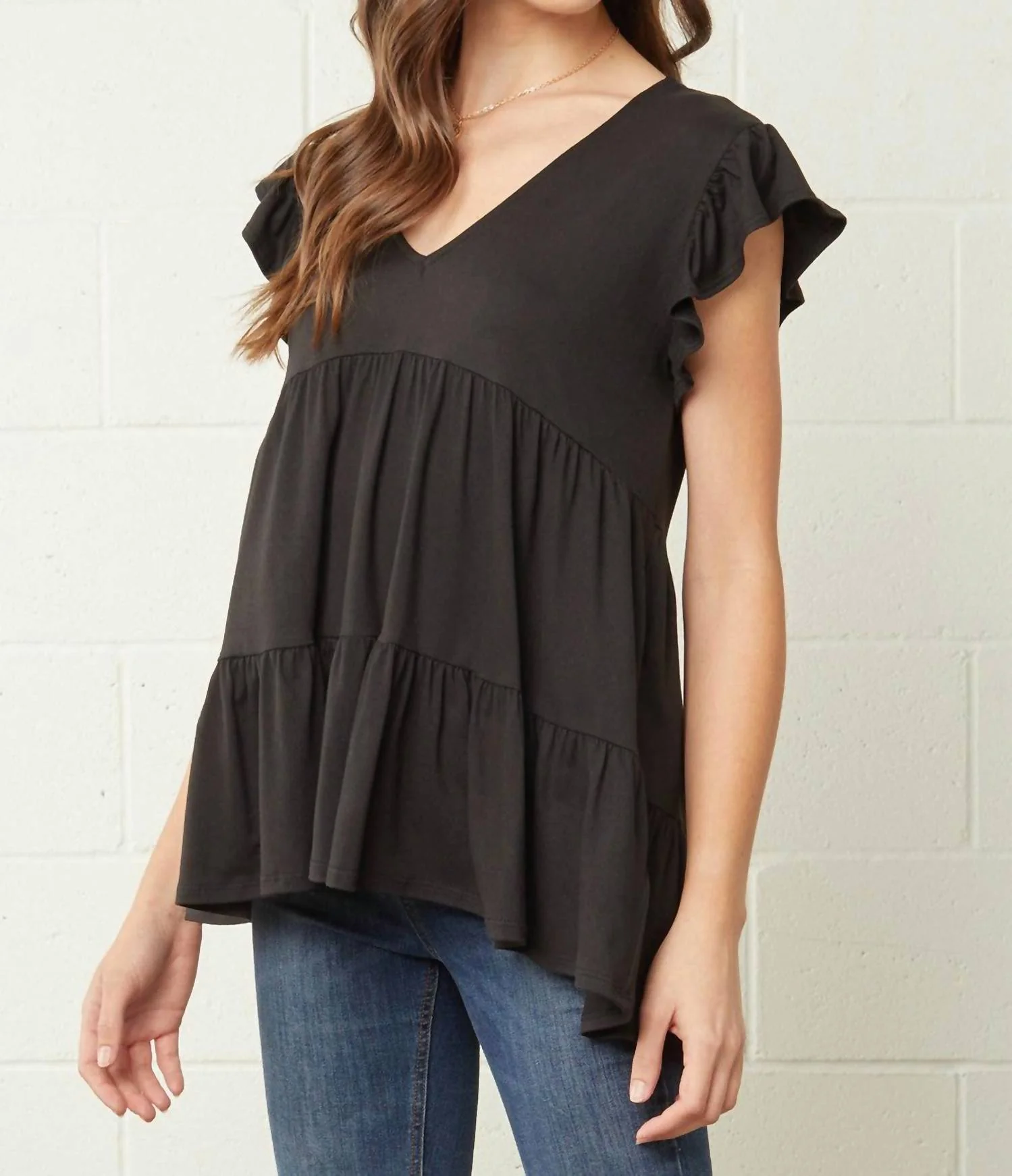 Tiered Ruffle Babydoll Top In Black - Image 3