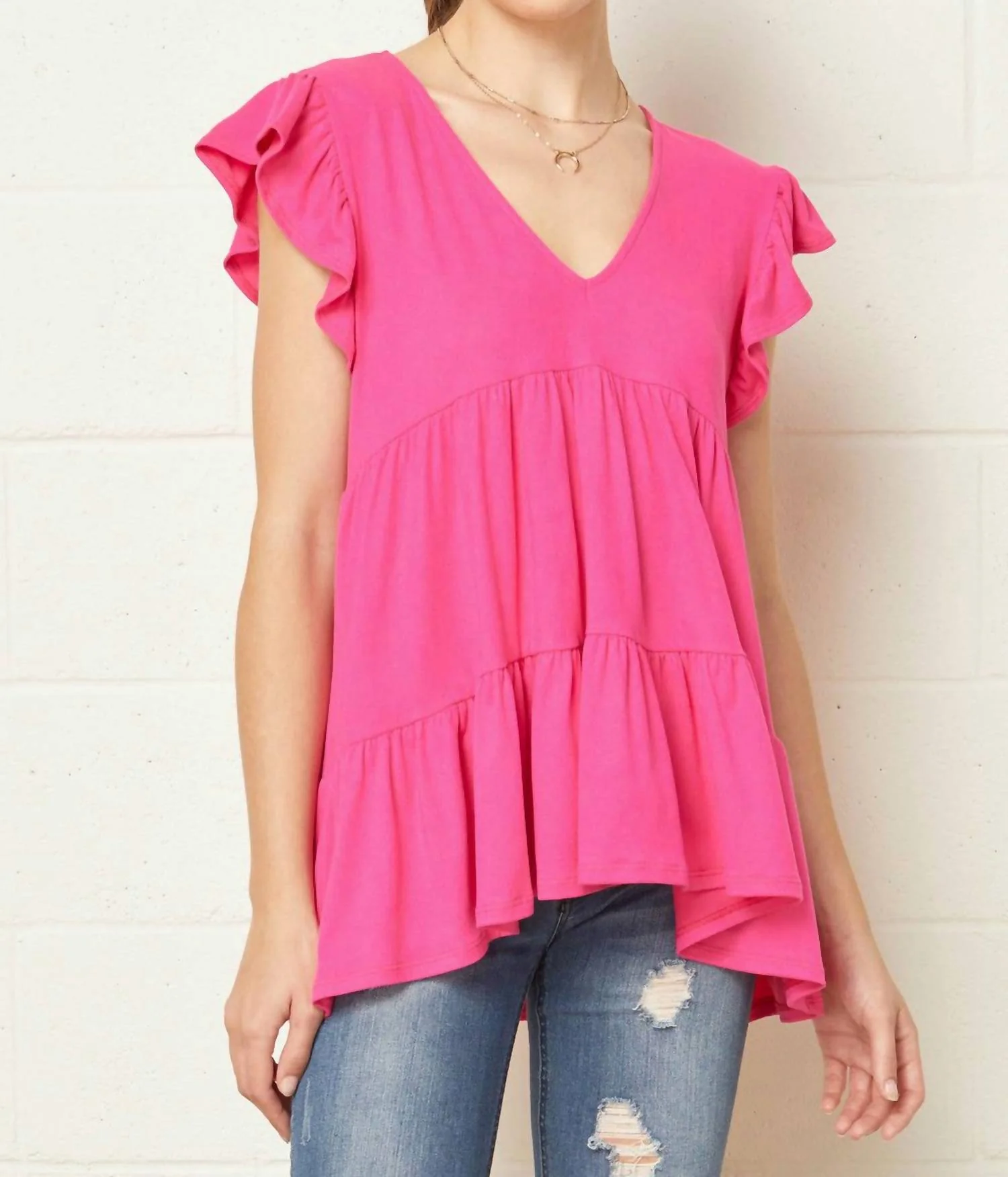 Tiered Ruffle Babydoll Top In Hot Pink