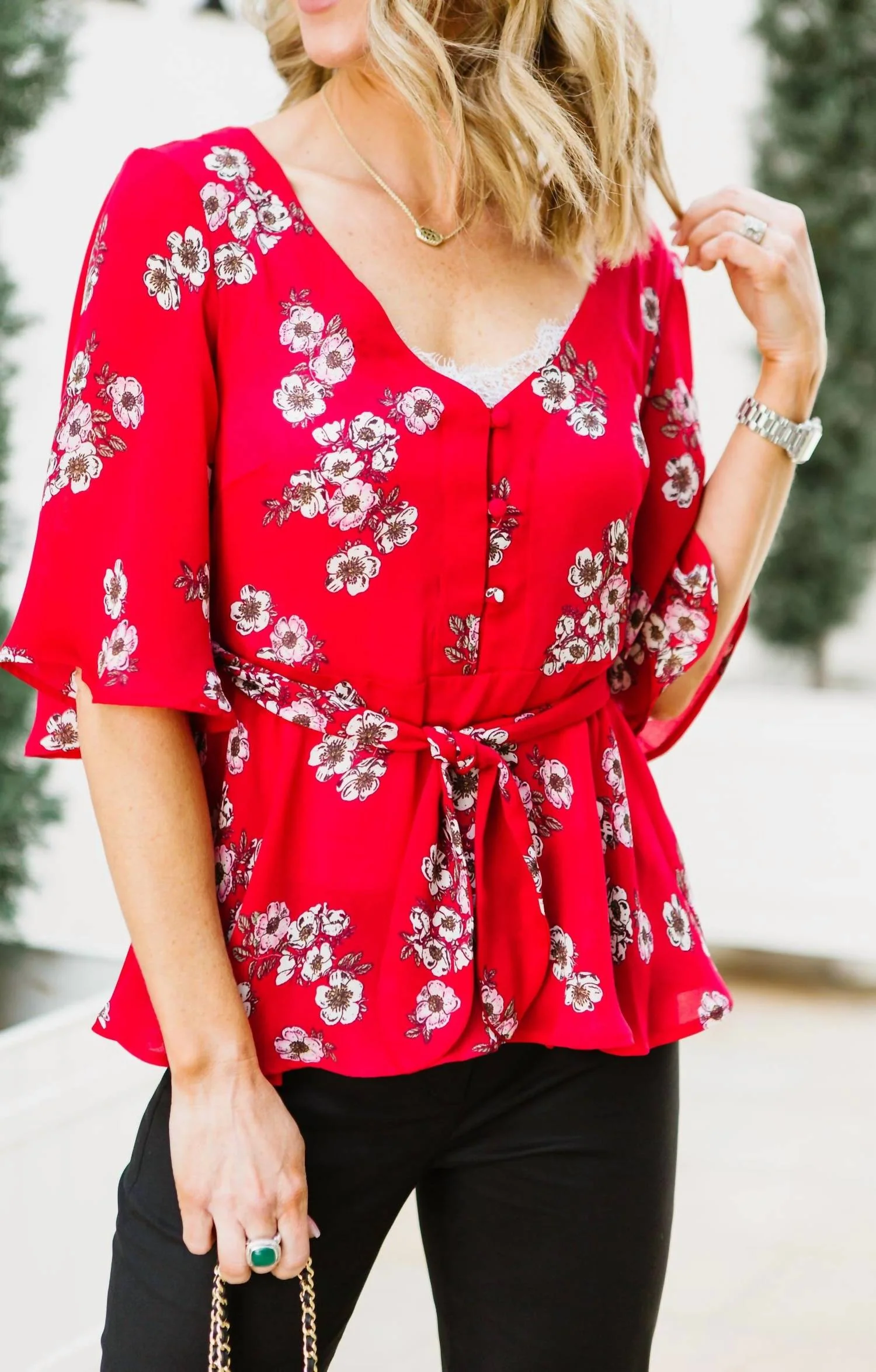 Tipton Wrap Blouse In Red Floral - Image 2