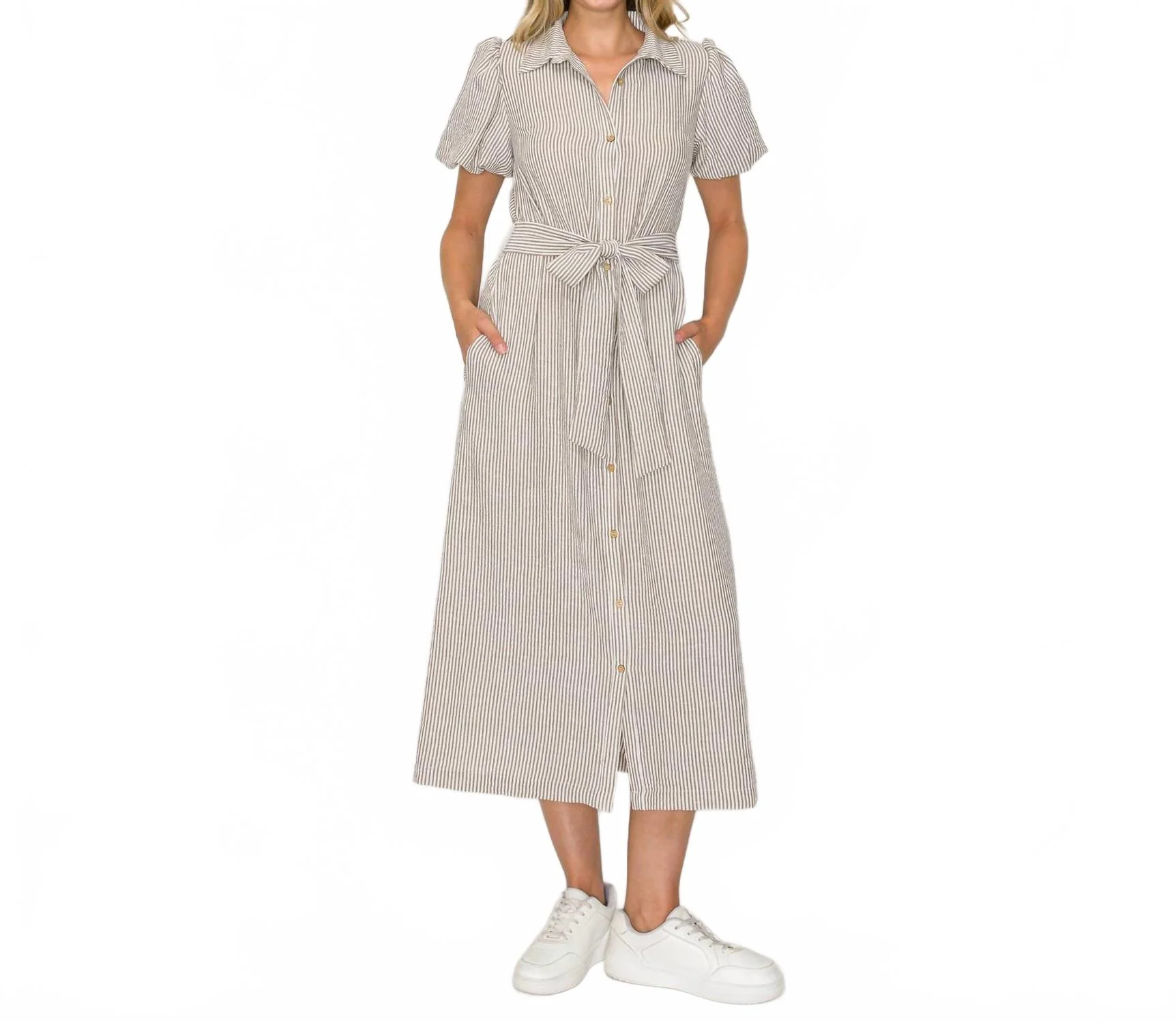 Tortilla Stripe Midi Shirt Dress In Brown