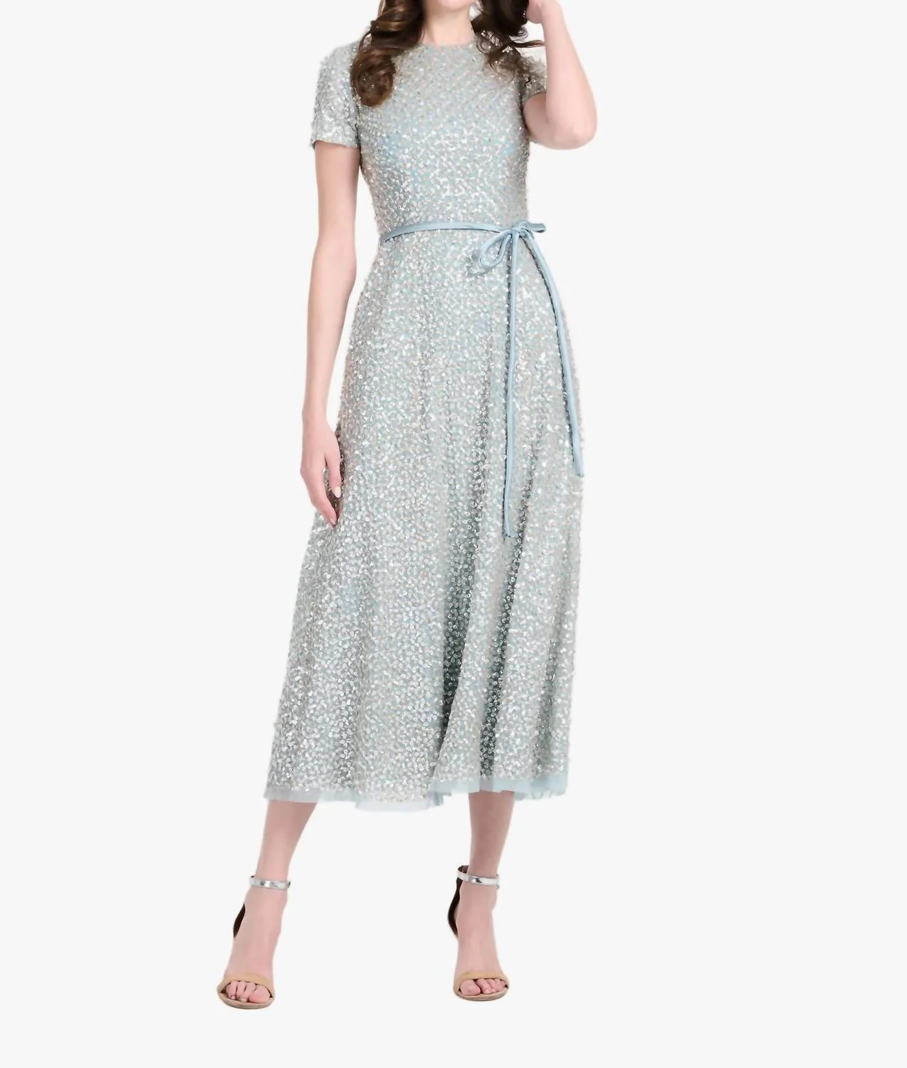 Translucent Encrusted Sequin Dress In Light Blue