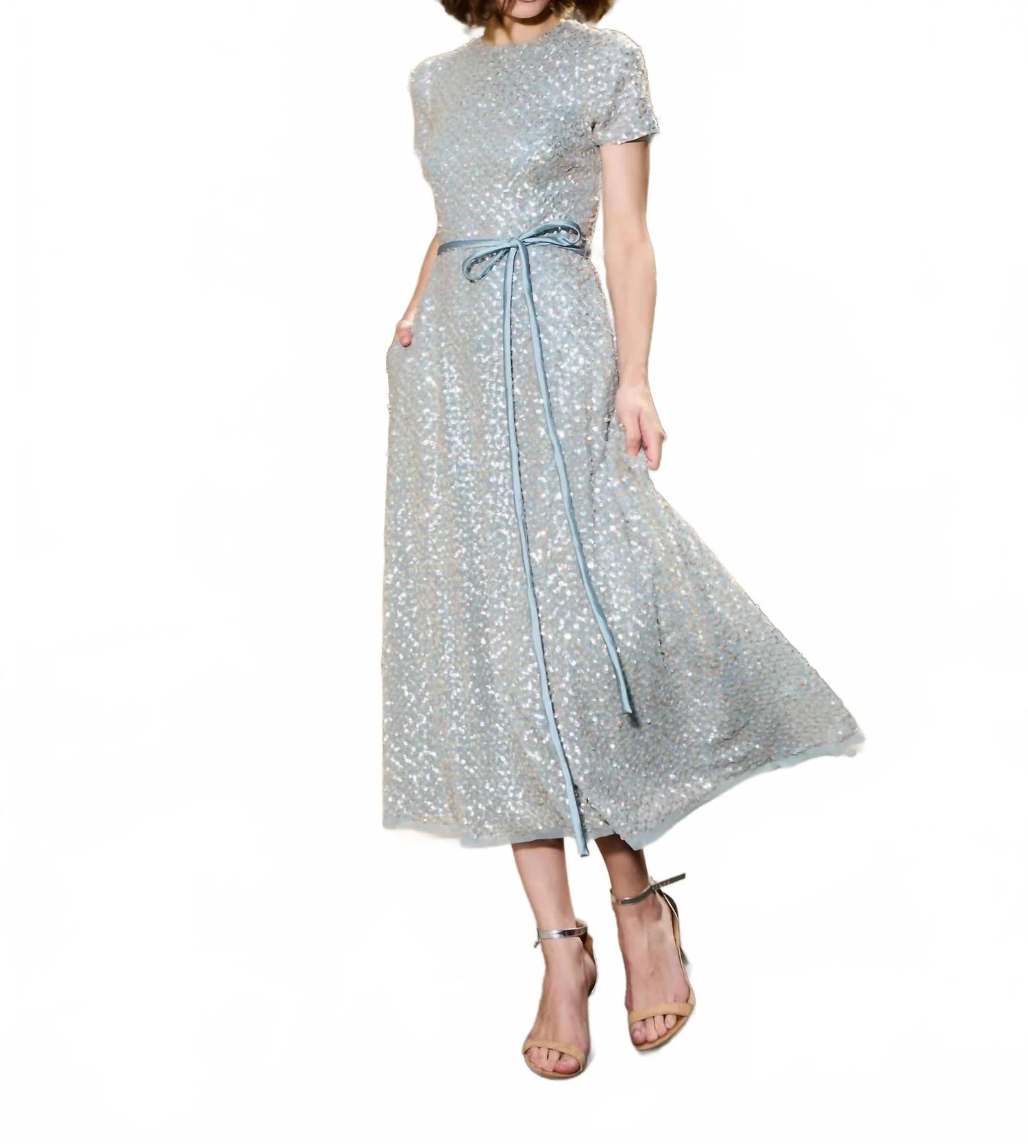 Translucent Encrusted Sequin Dress In Light Blue - Image 4
