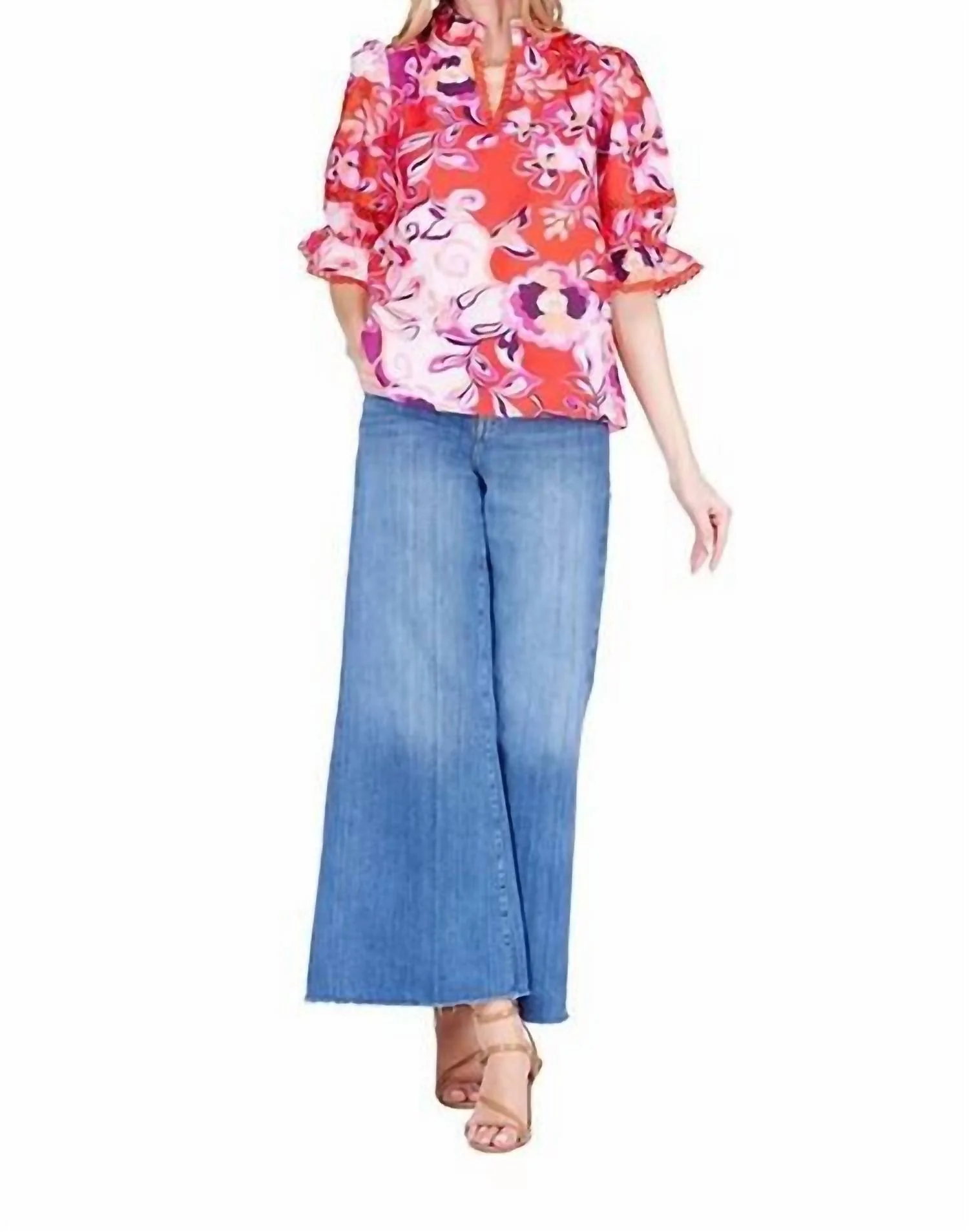 Trimmed Split Neck Top In Crimson Jubilee