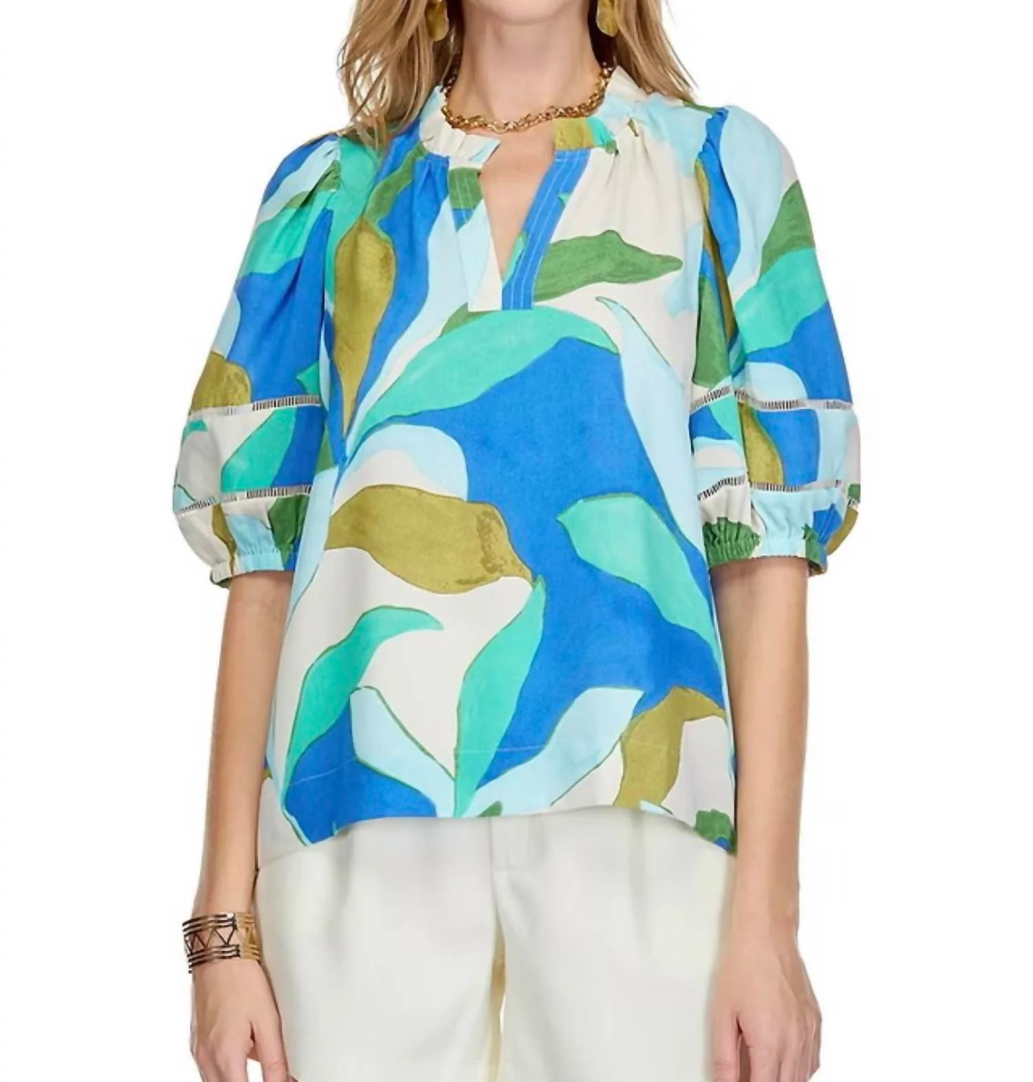 Tropical Placket Top In Tropical Leaves