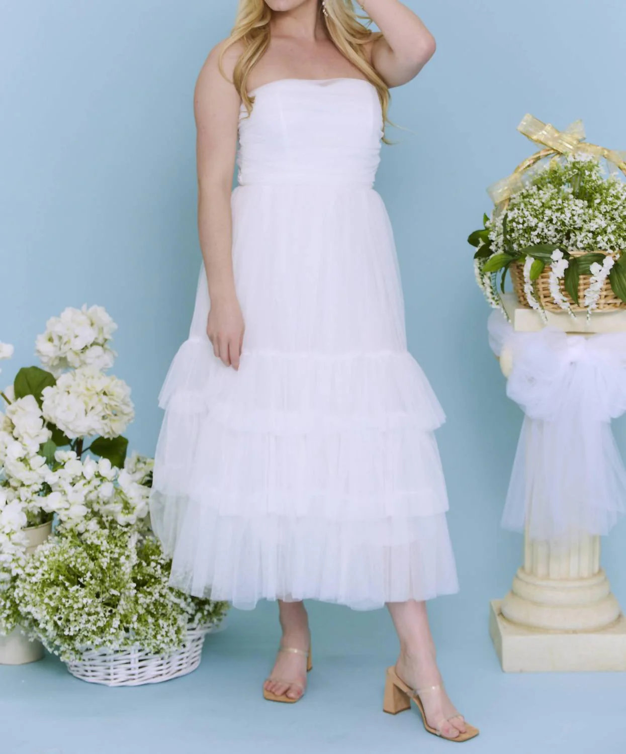 Tulle Tiered Midi Dress In White