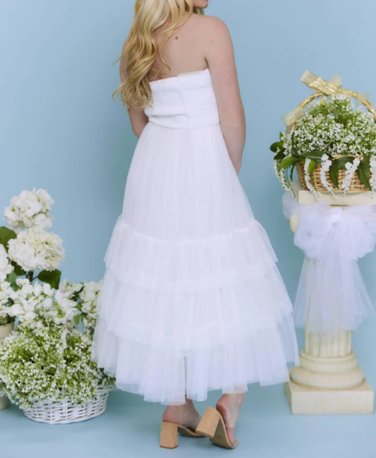 Tulle Tiered Midi Dress In White - Image 2