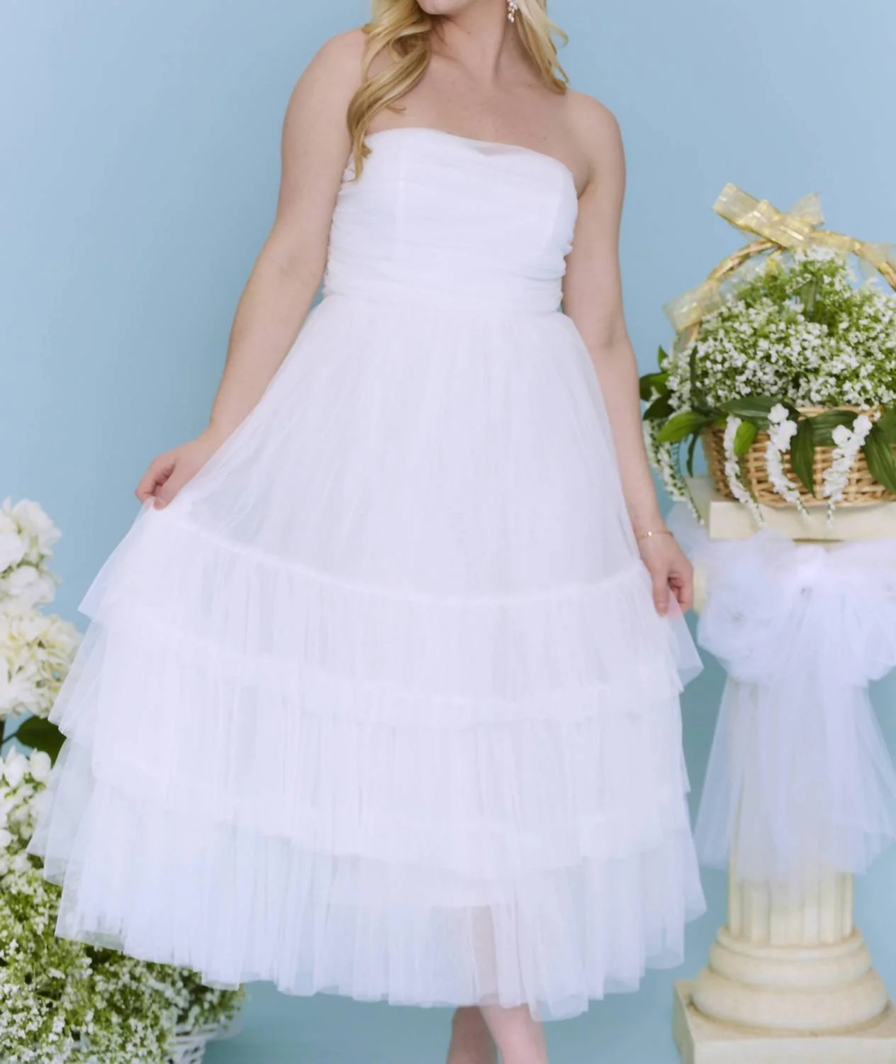 Tulle Tiered Midi Dress In White - Image 3
