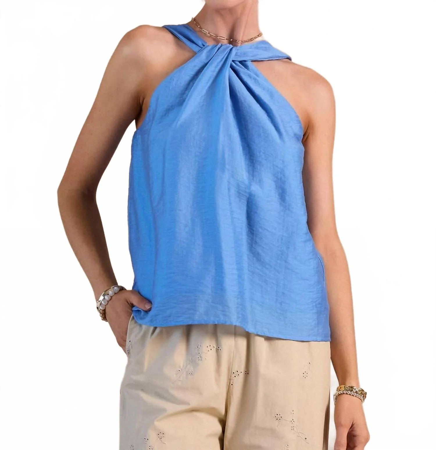Twist Halter Neck Sleeveless Top In Cornflower Blue