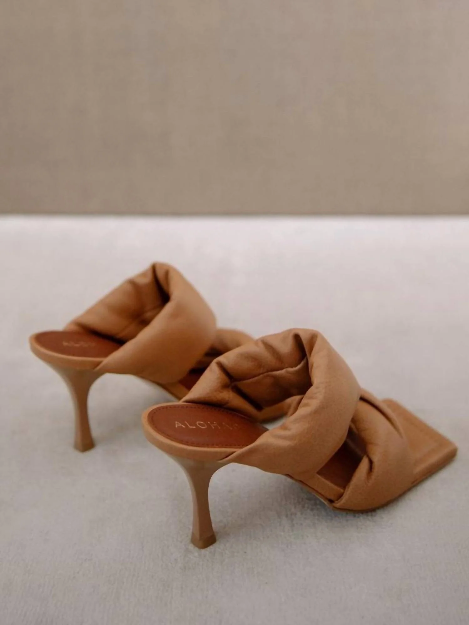 Twist Strap Leather Mules In Camel - Image 3
