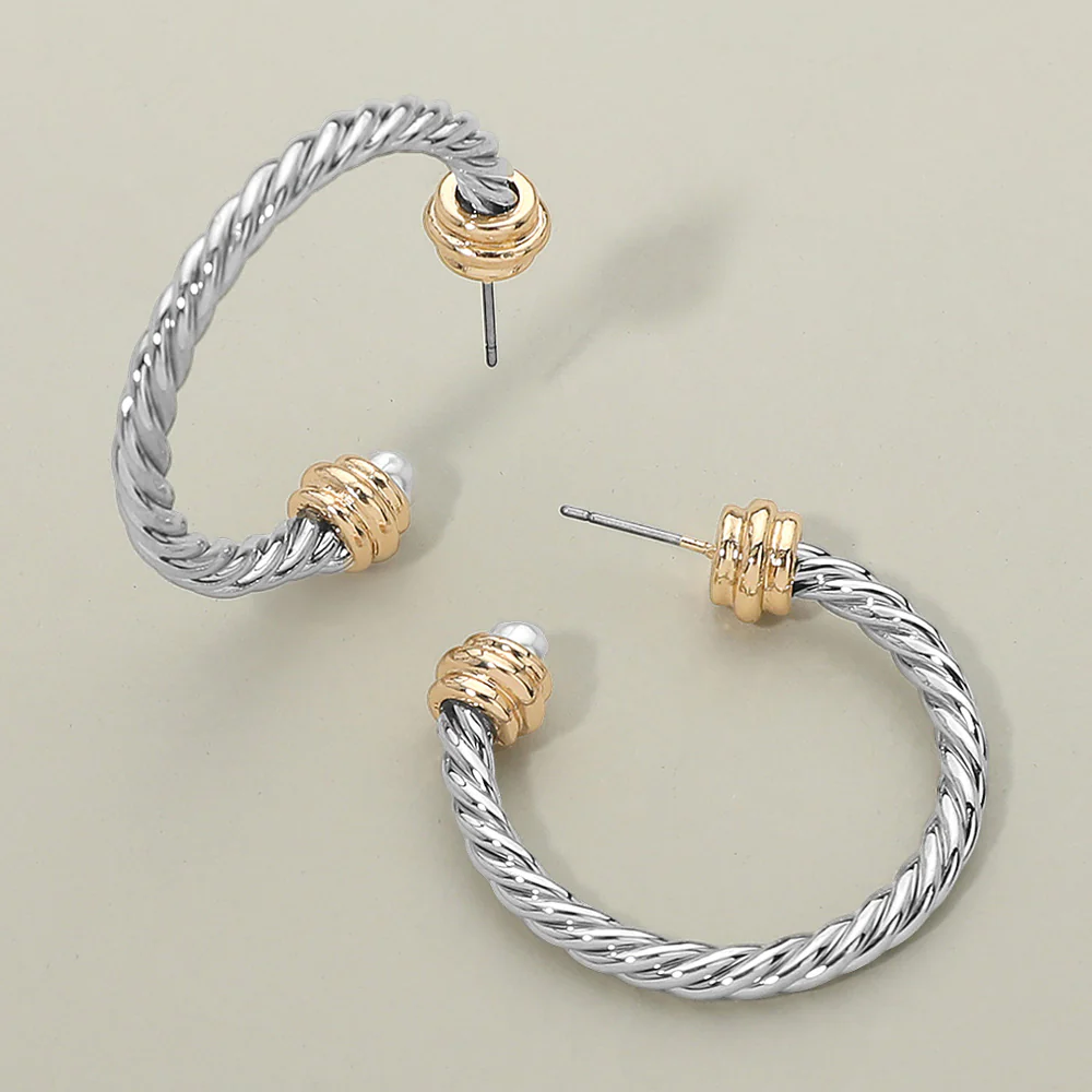 Two Tone Metal Rope Hoop Earrings - Image 3