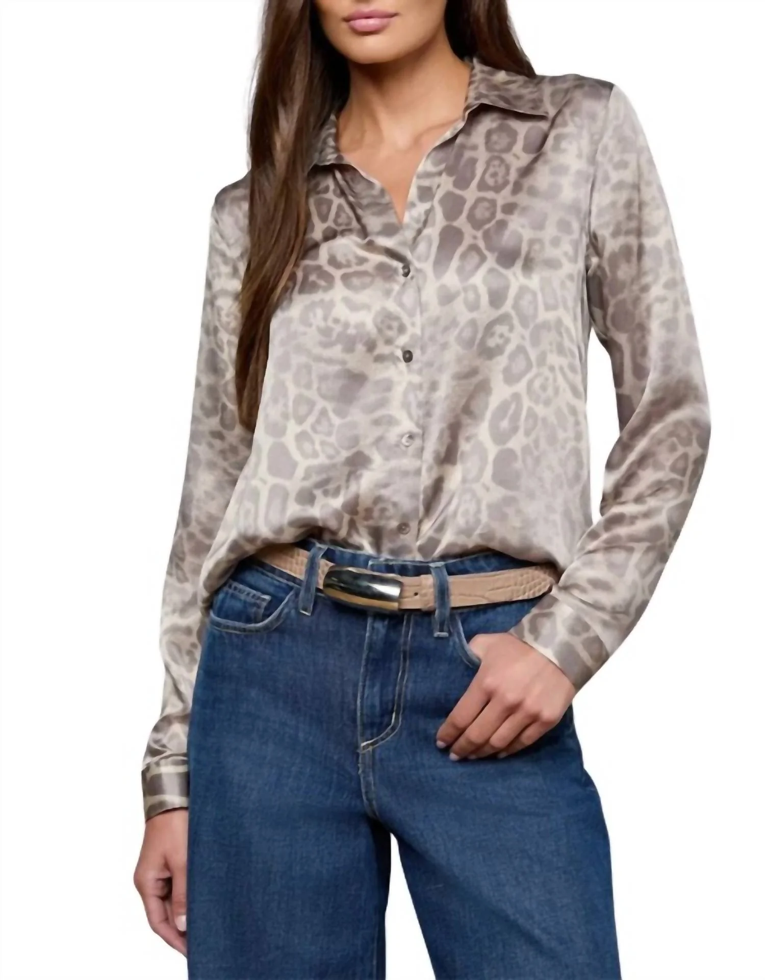 Tyler Silk Blouse In Grey Multi Patch Leopard