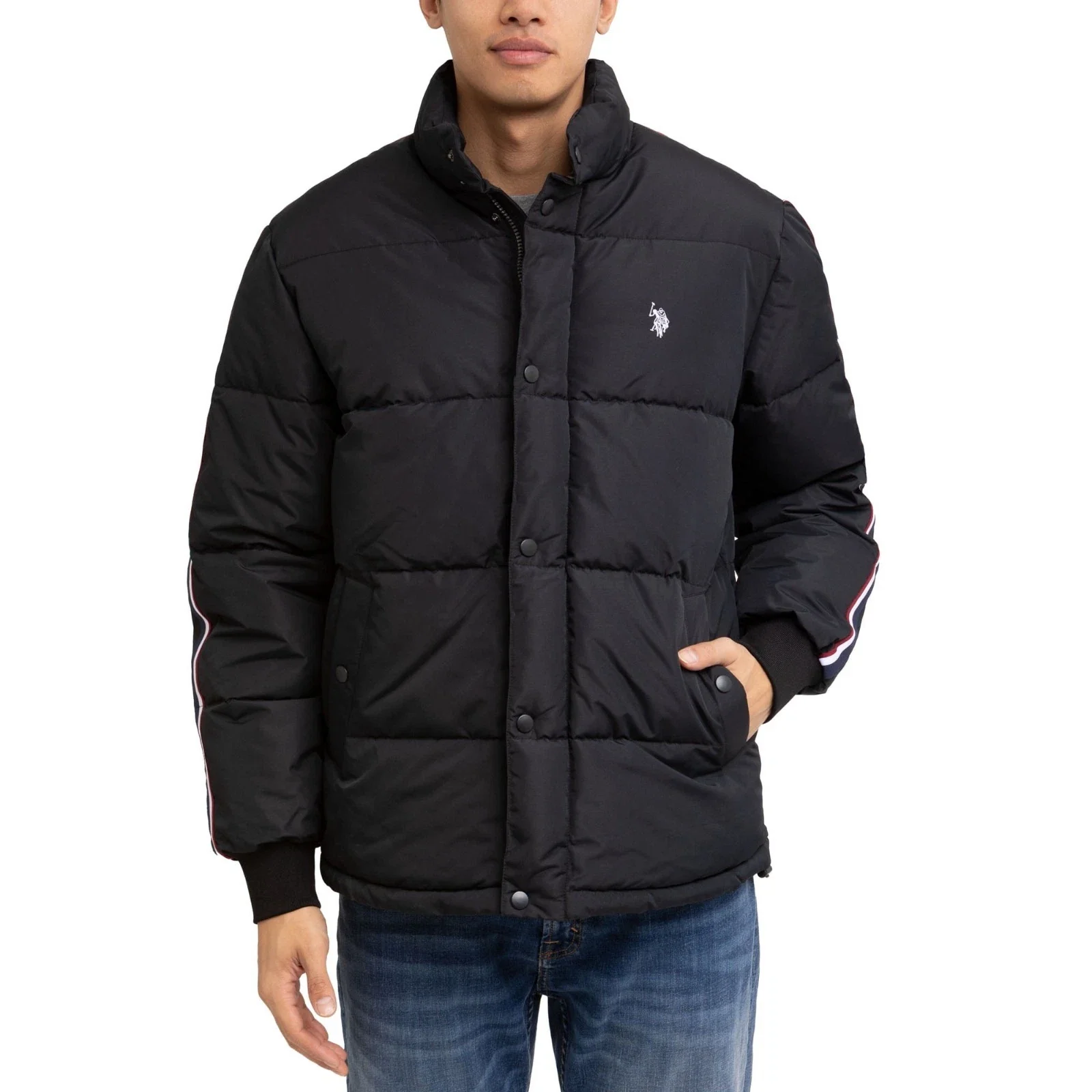U.S. Polo Assn. Puffer Jacket Mens Black Striped Full Zip Long Sleeve KFC286 - Image 3