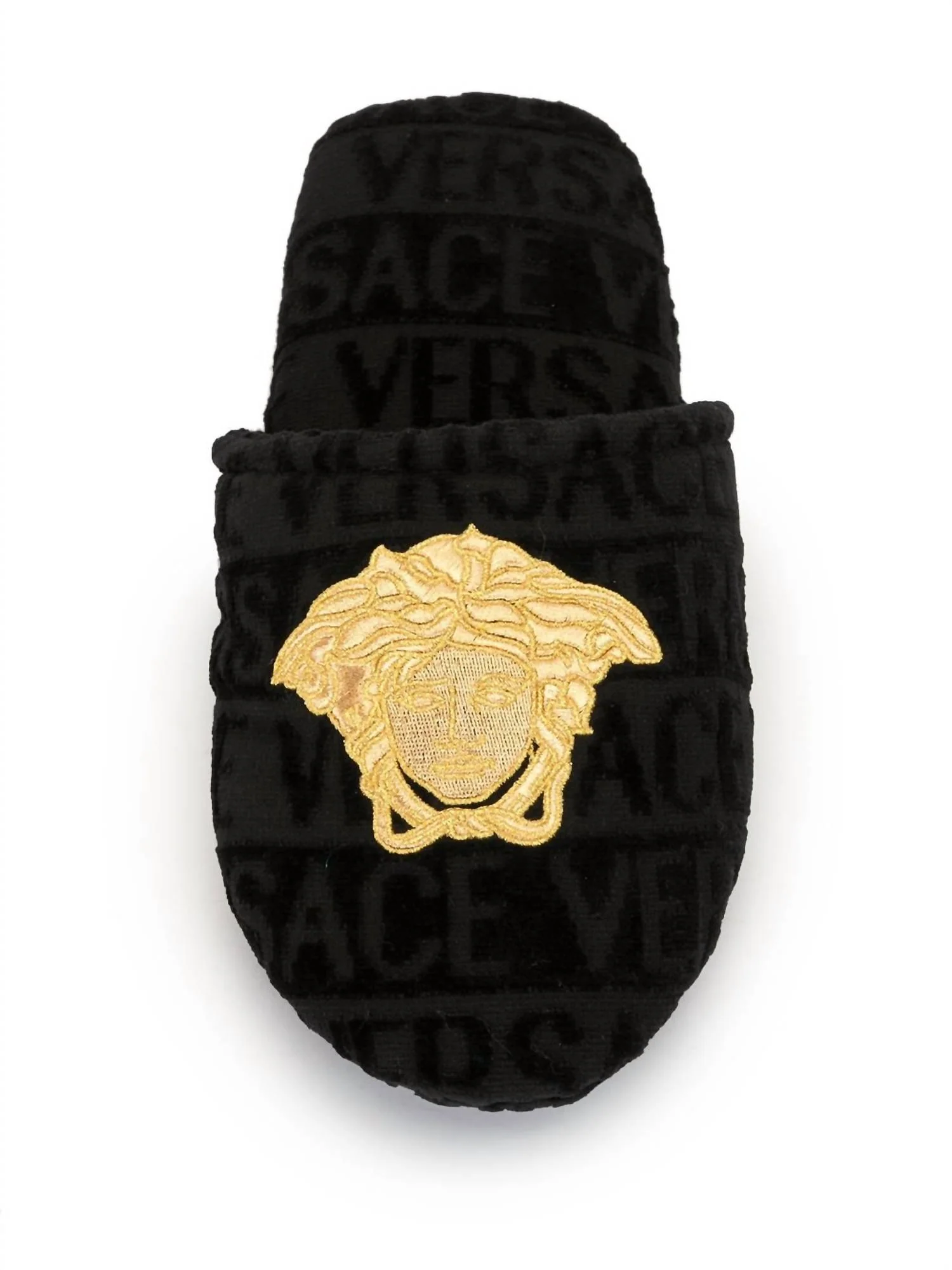 Unisex Embroidered Medusa Terricloth Slippers In Black And Gold - Image 2